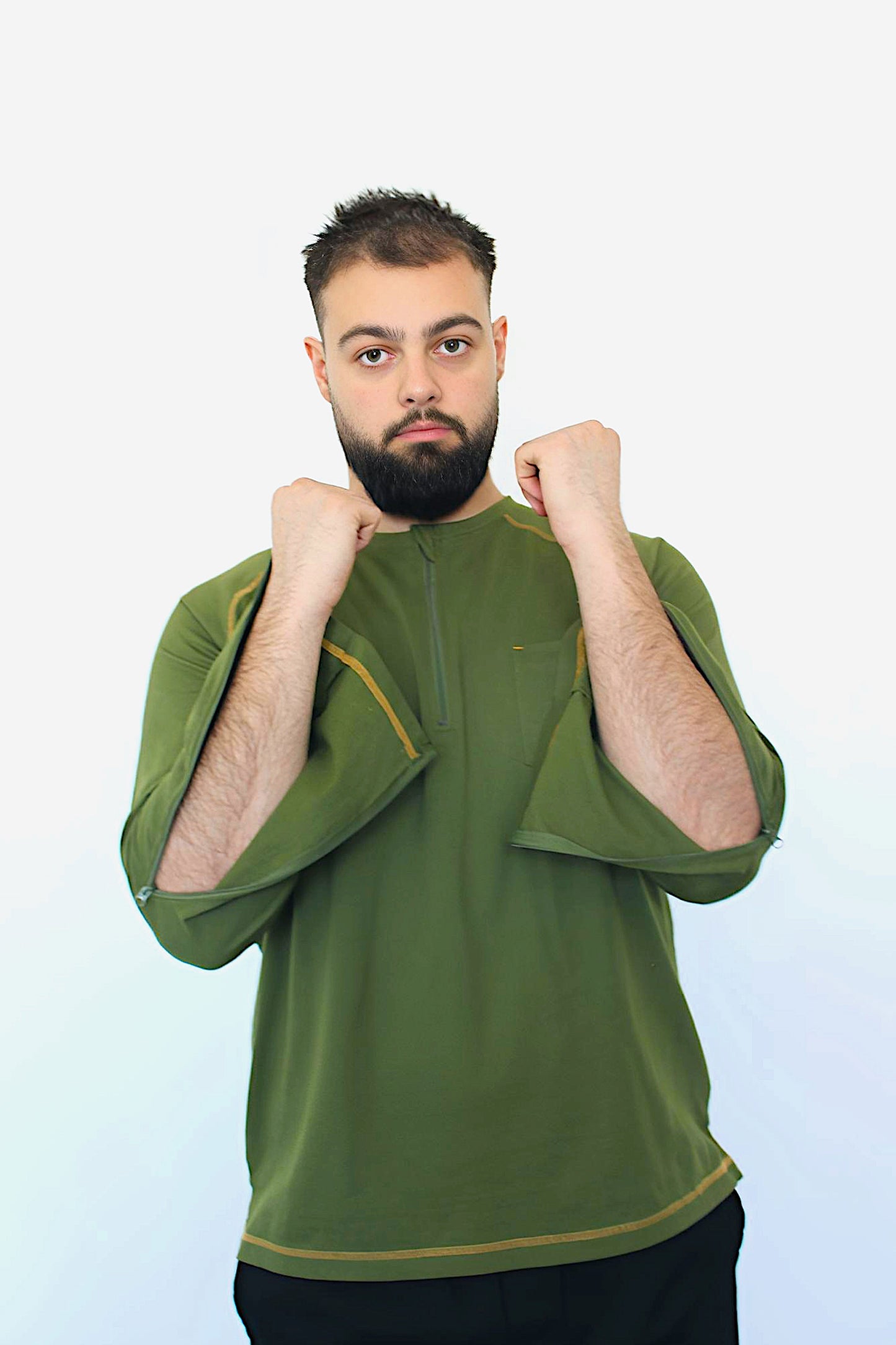 Men’s Adaptive Clothing Long Ragland Sleeve Soft Style Cotton Crow Neck Top, Half Zipper Front, Ragland Sleeve Zipper Easy Undressing