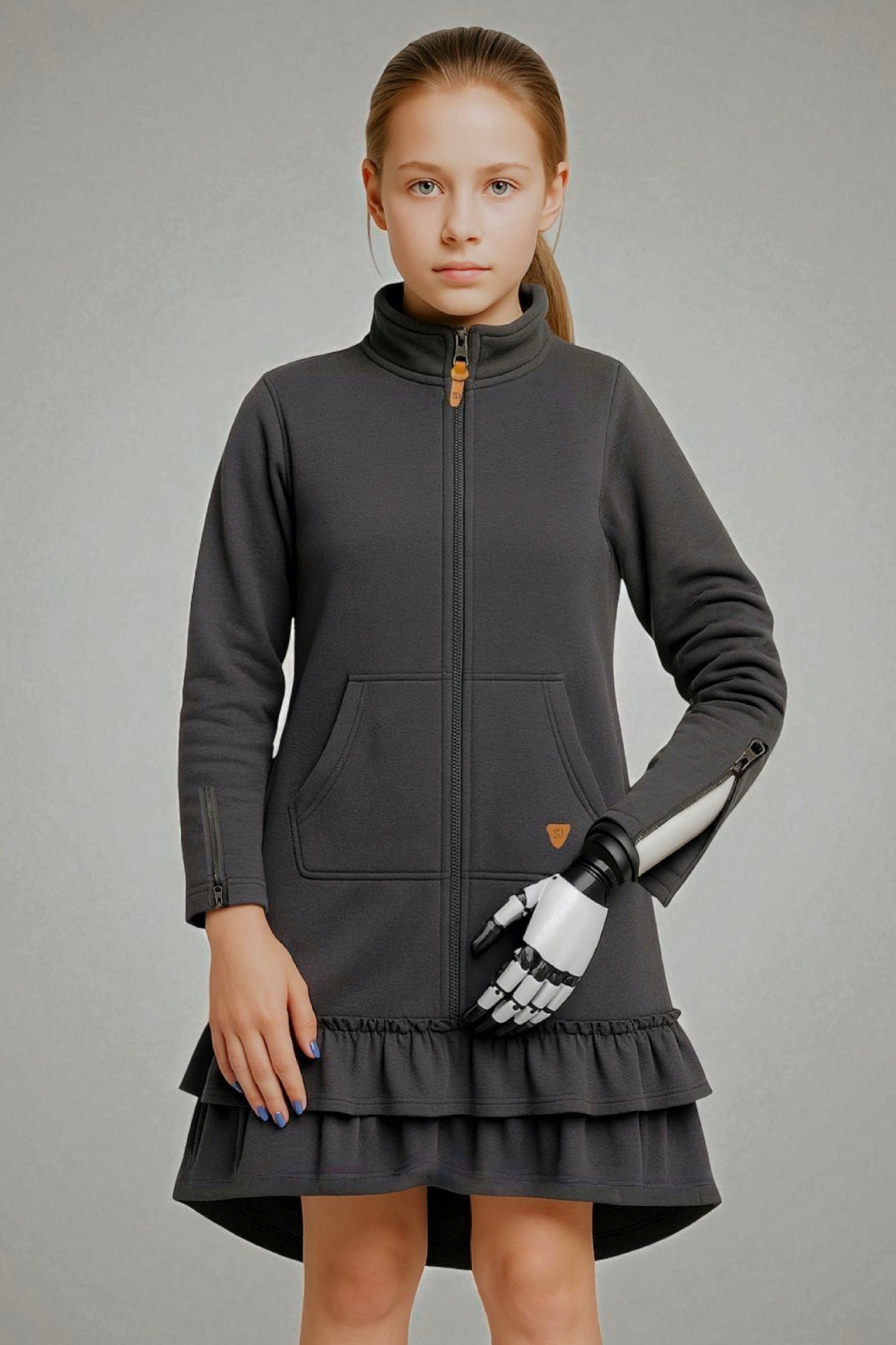 Kids Adaptive Dolman Sweatshirt Dress with Zipper & Cargo Pocket