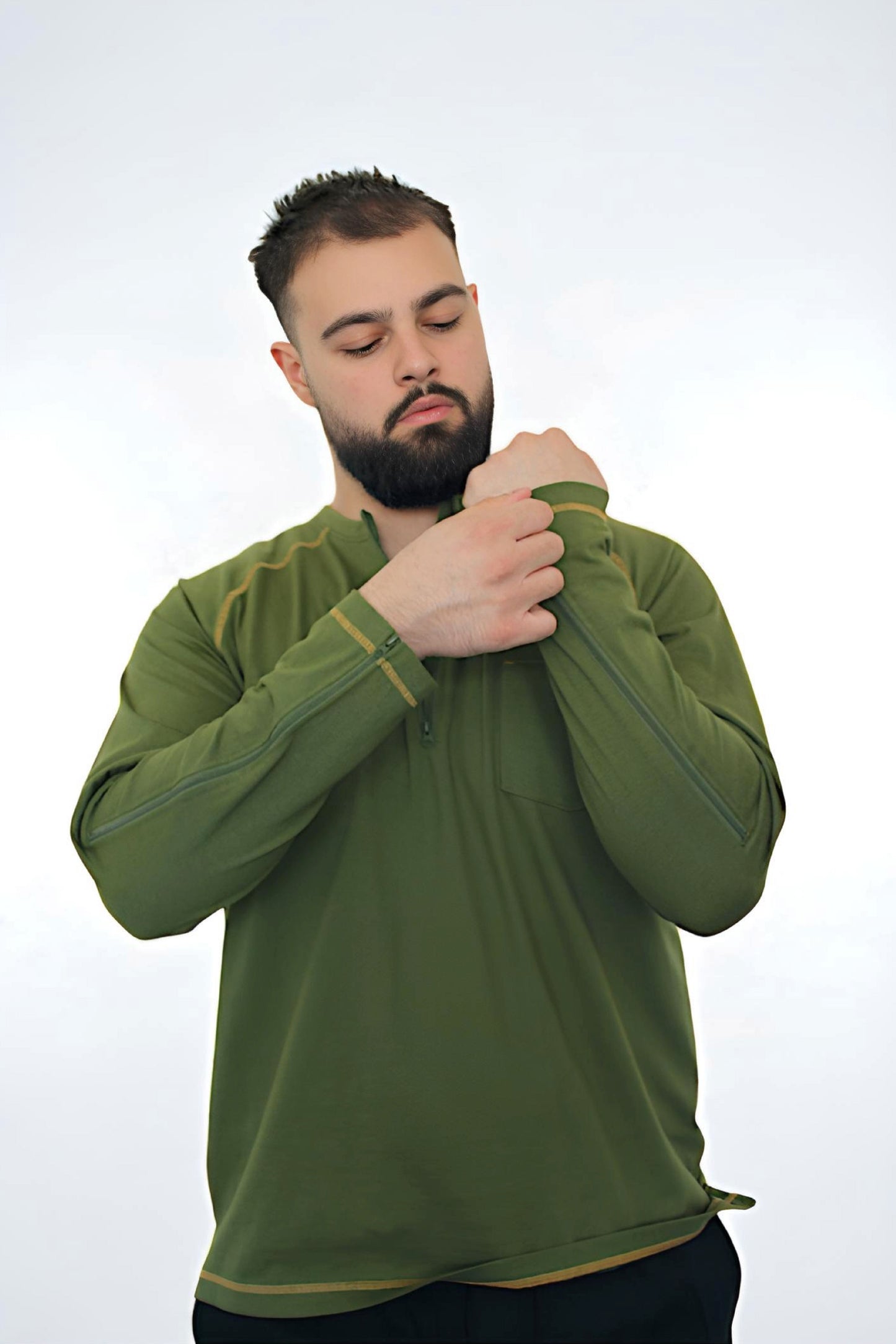 Men’s Adaptive Clothing Long Ragland Sleeve Soft Style Cotton Crow Neck Top, Half Zipper Front, Ragland Sleeve Zipper Easy Undressing