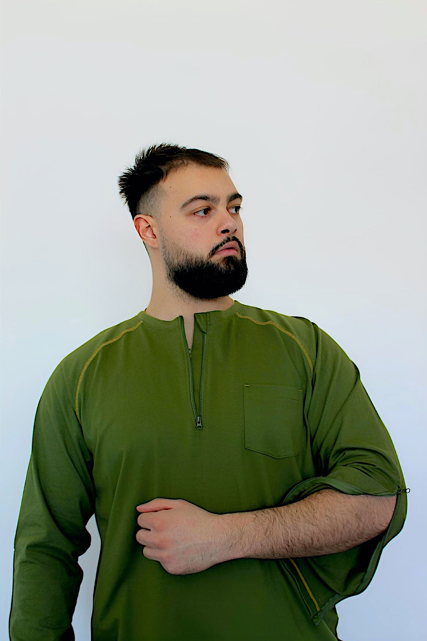 Men’s Adaptive Clothing Long Ragland Sleeve Soft Style Cotton Crow Neck Top, Half Zipper Front, Ragland Sleeve Zipper Easy Undressing