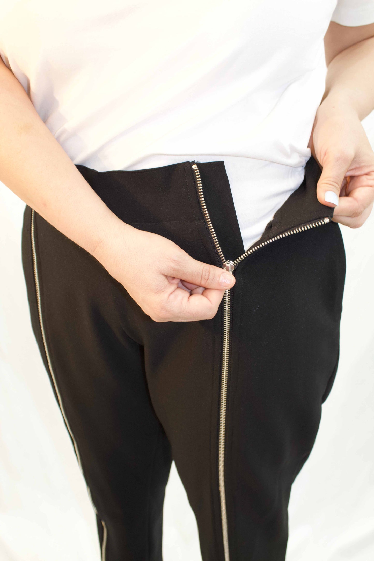 Women's Adaptive Clothing: Stretch Trousers Pant, Waist Elastic, and a Front Full Leg Zip for Easy Undressing
