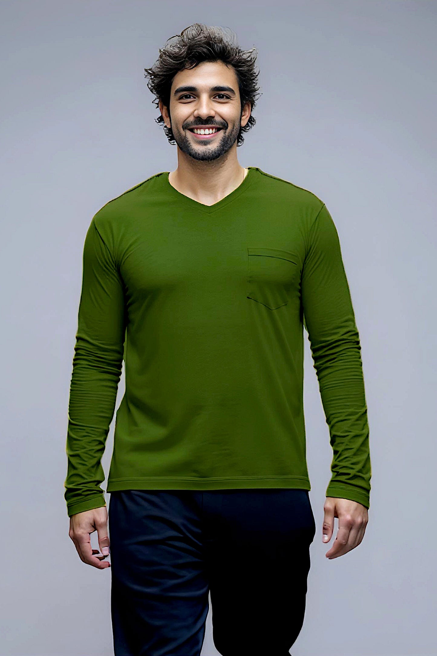 Men’s Adaptive Clothing Long Sleeve Soft Style Cotton V Neck Top with a Full Zipper at Shoulder Opens Completely for Easy Undressing