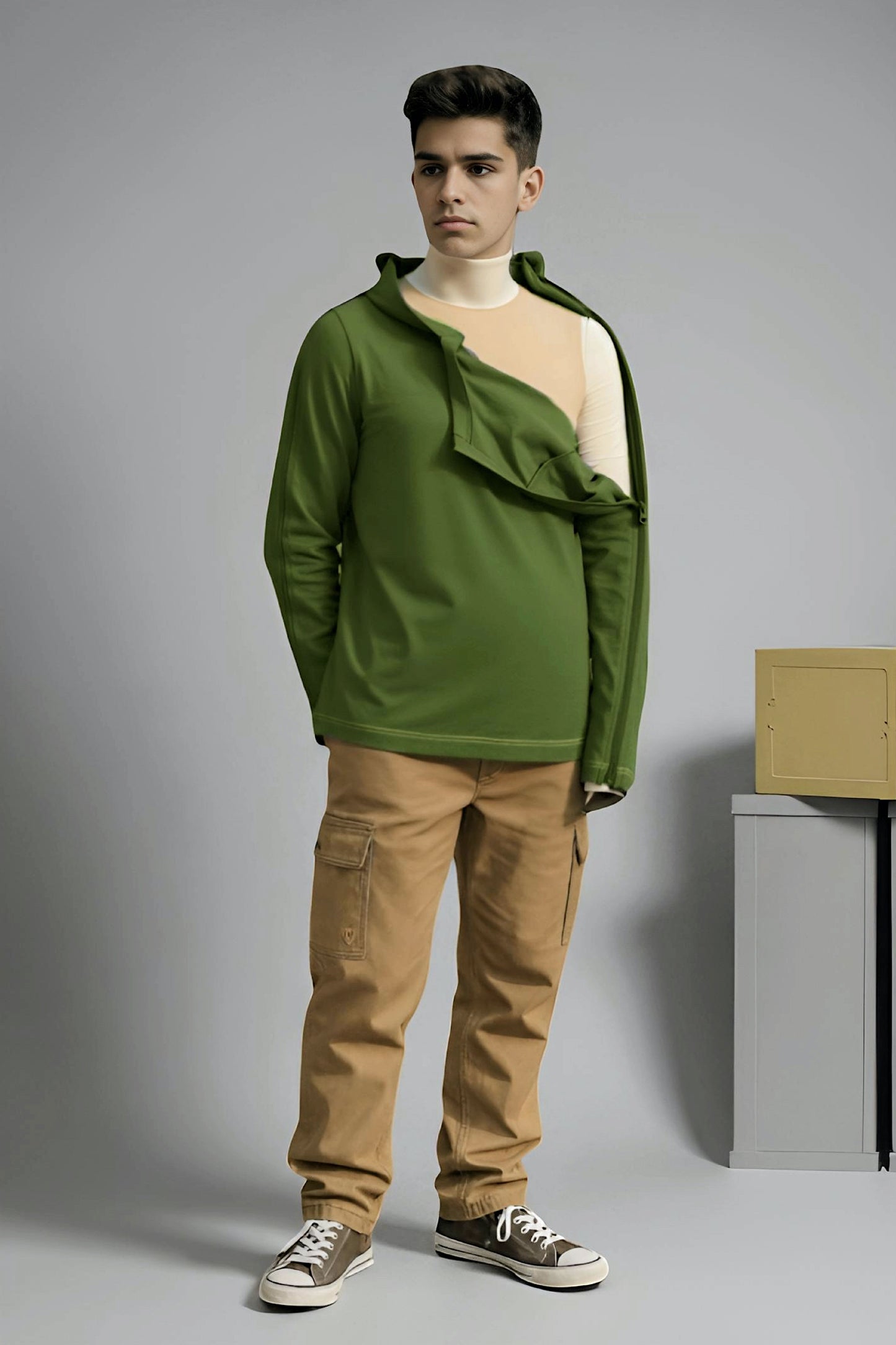 Men’s Adaptive Clothing Long Sleeve Soft Style Cotton V Neck Top with a Full Zipper at Shoulder Opens Completely for Easy Undressing
