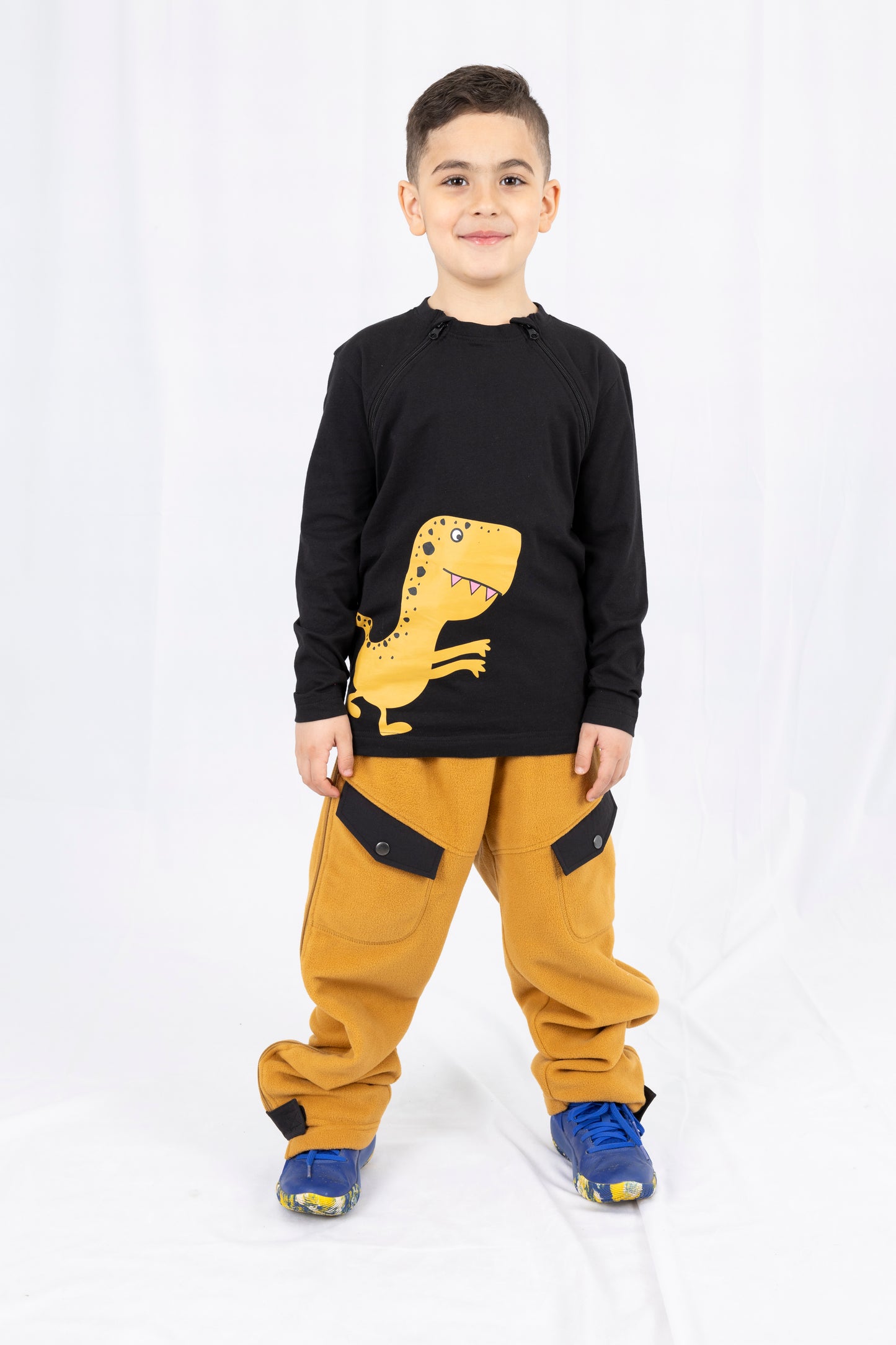 Adaptive Clothing: Dragon Print Kids’ Top with Two Front Neck Zippers