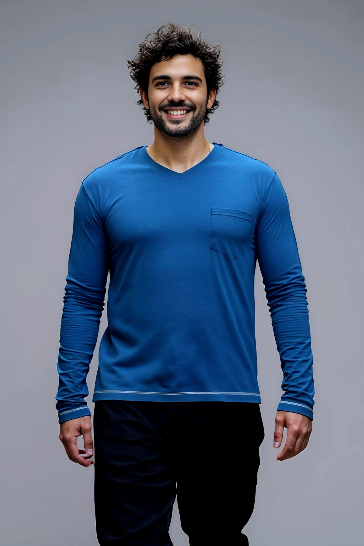 Men’s Adaptive Clothing Long Sleeve Soft Style Cotton V Neck Top with a Full Zipper at Shoulder Opens Completely for Easy Undressing