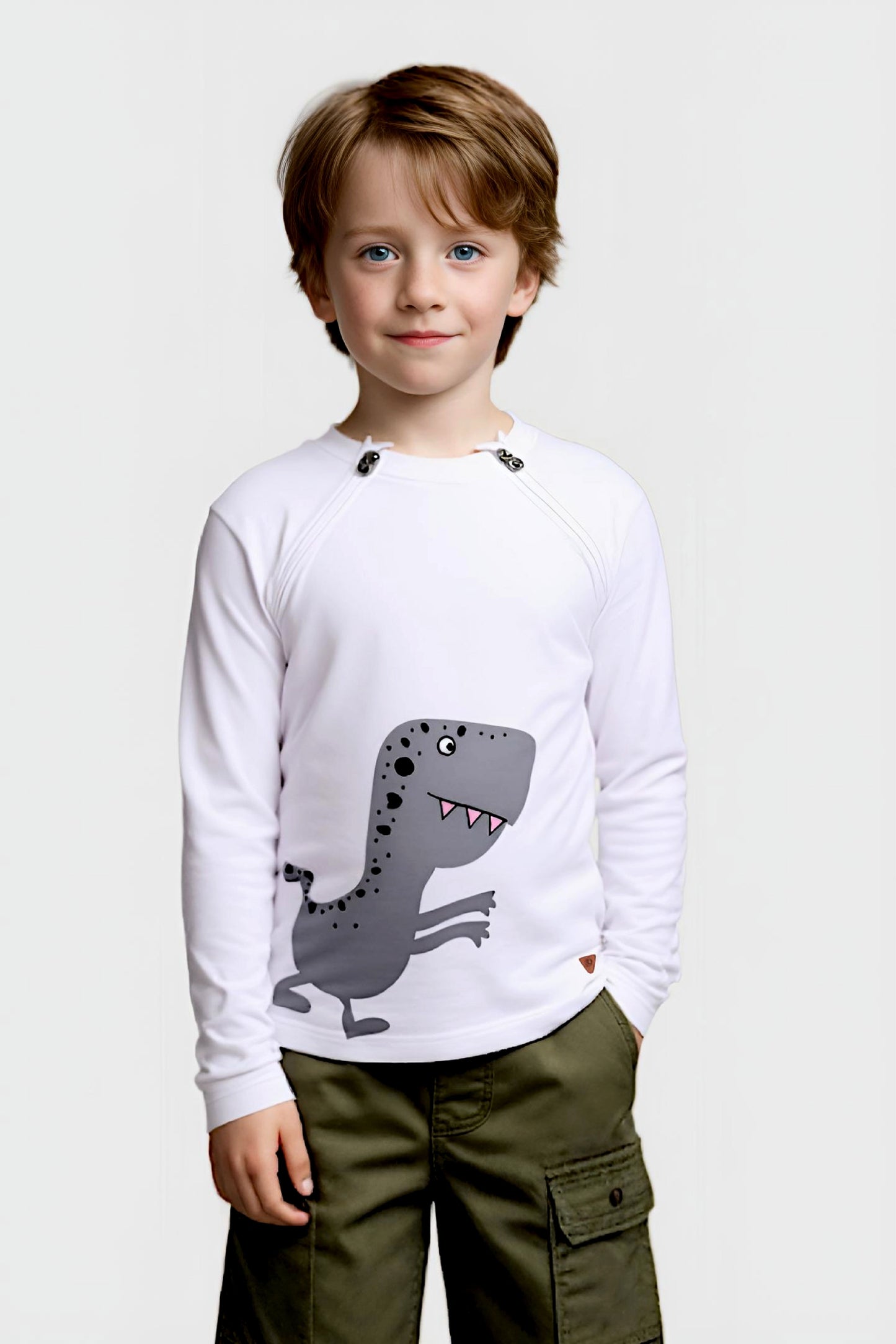 Adaptive Clothing: Dragon Print Kids’ Top with Two Front Neck Zippers