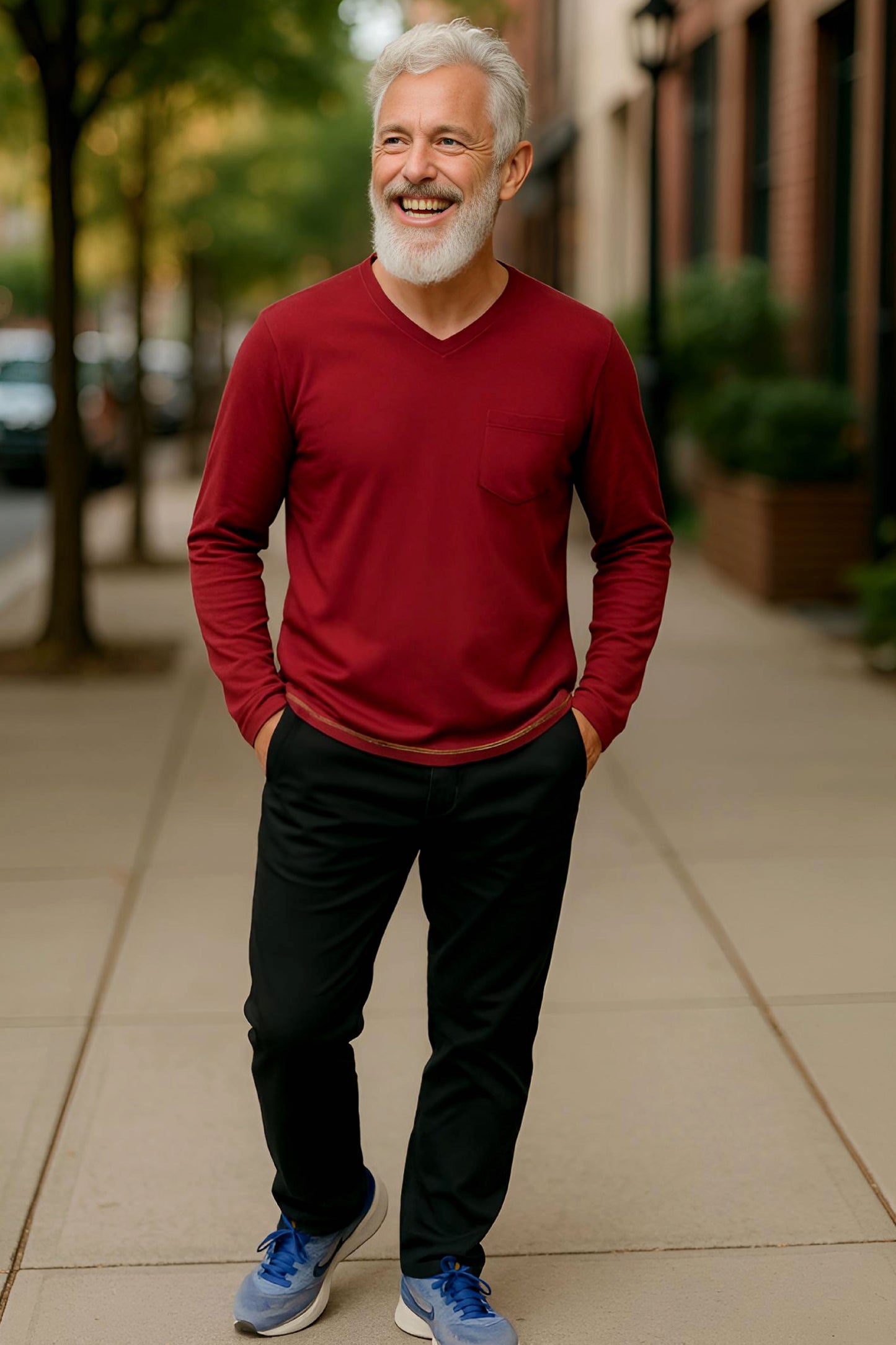 Men’s Adaptive Clothing Long Sleeve Soft Style Cotton V Neck Top with a Full Zipper at Shoulder Opens Completely for Easy Undressing