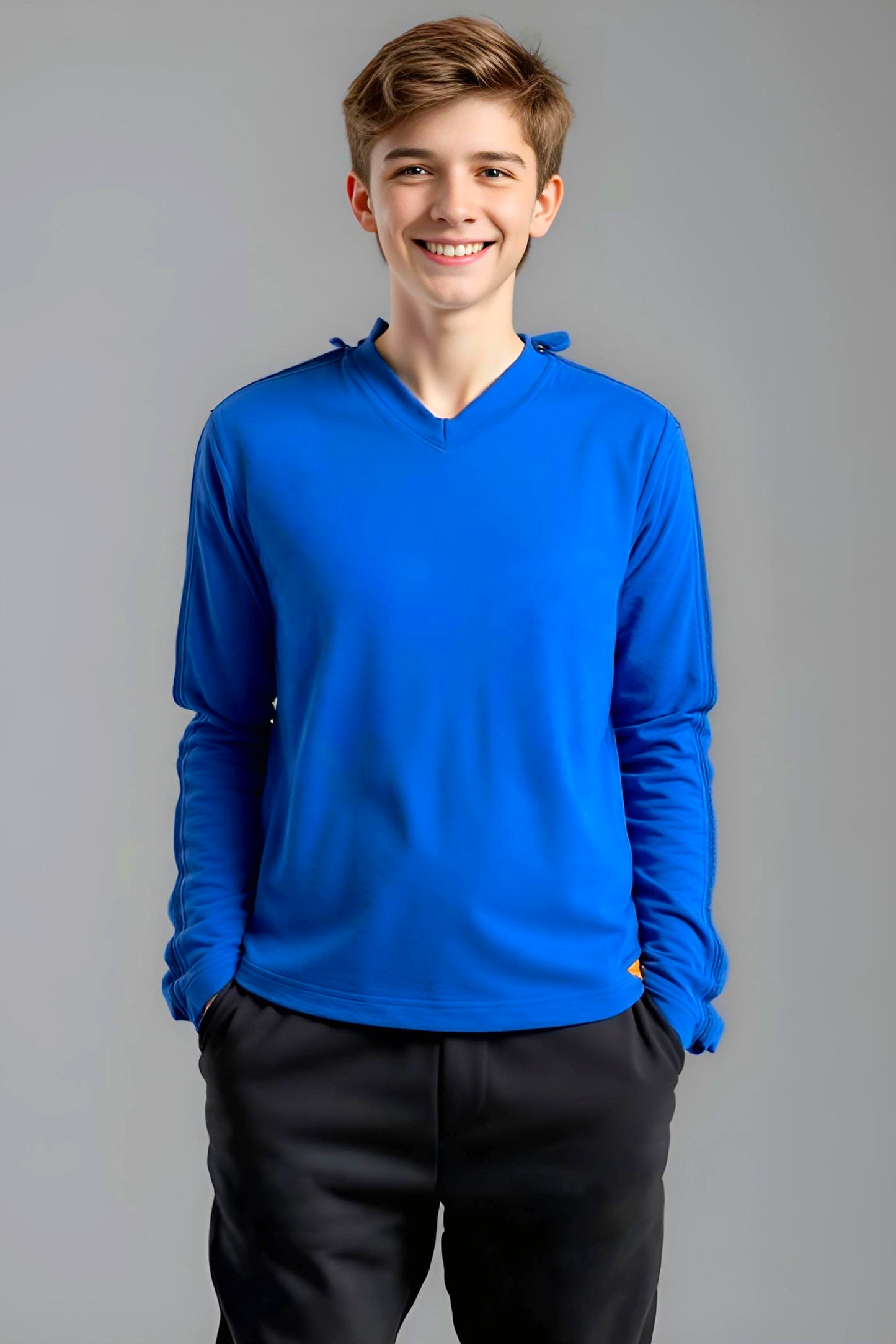 Adaptive Kids Long Sleeve V-Neck Top: Full Shoulder Zipper for Easy Undressing
