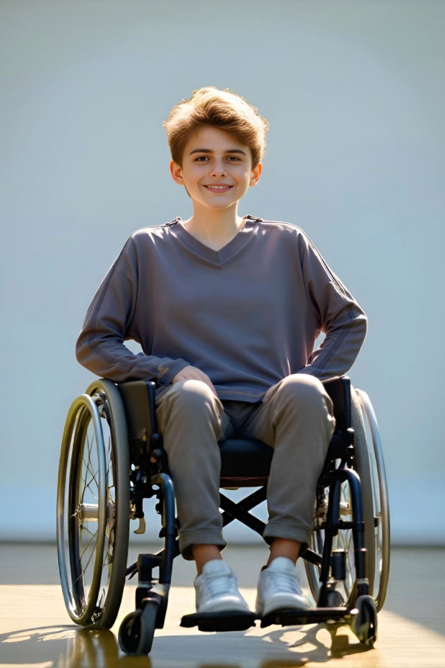 Adaptive Kids Long Sleeve V-Neck Top: Full Shoulder Zipper for Easy Undressing