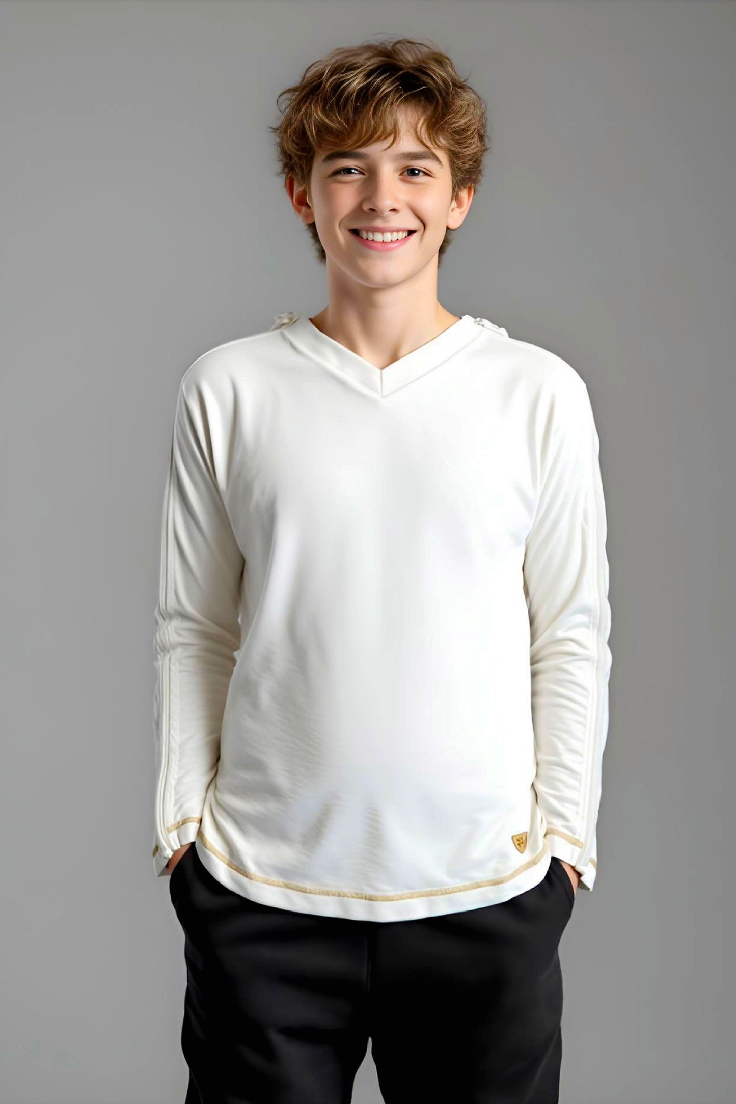 Adaptive Kids Long Sleeve V-Neck Top: Full Shoulder Zipper for Easy Undressing