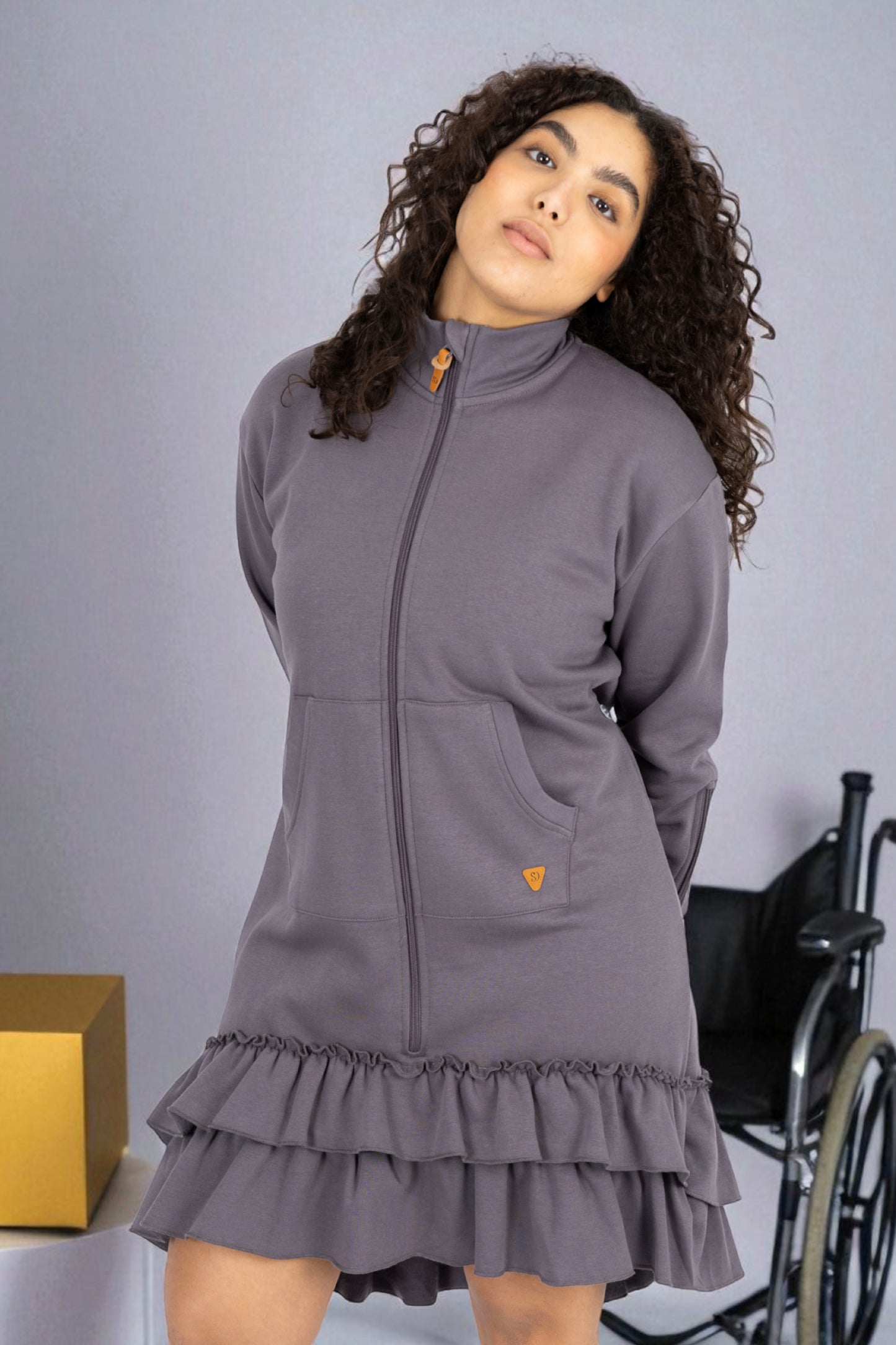 Kids Adaptive Dolman Sweatshirt Dress with Zipper & Cargo Pocket
