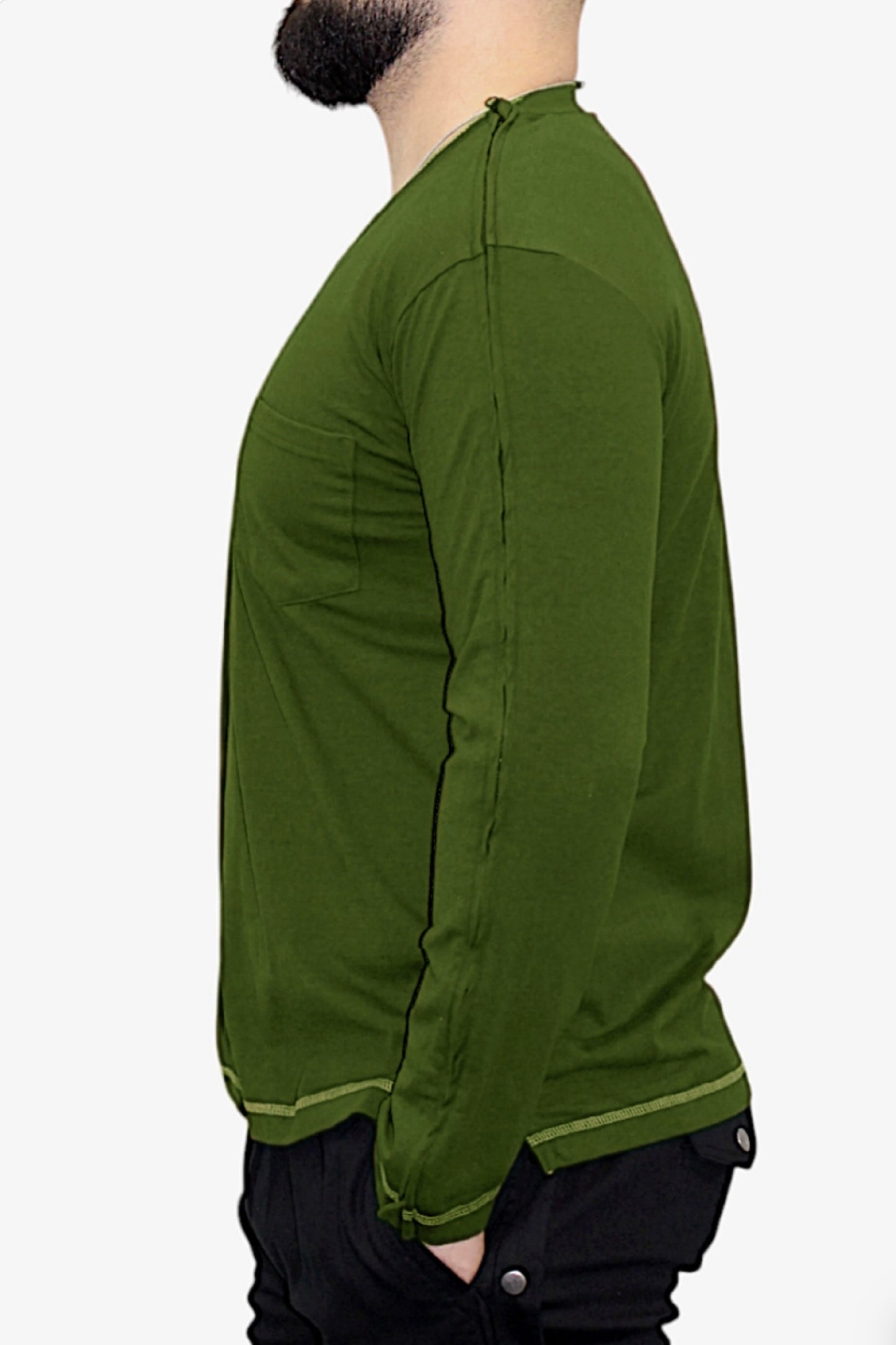 Men’s Adaptive Clothing Long Sleeve Soft Style Cotton V Neck Top with a Full Zipper at Shoulder Opens Completely for Easy Undressing