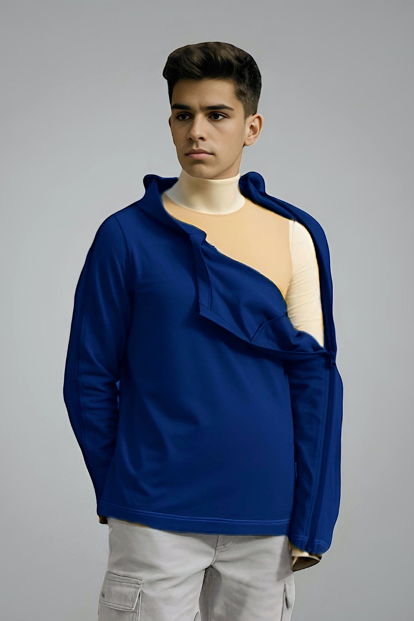 Men’s Adaptive Clothing Long Sleeve Soft Style Cotton V Neck Top with a Full Zipper at Shoulder Opens Completely for Easy Undressing