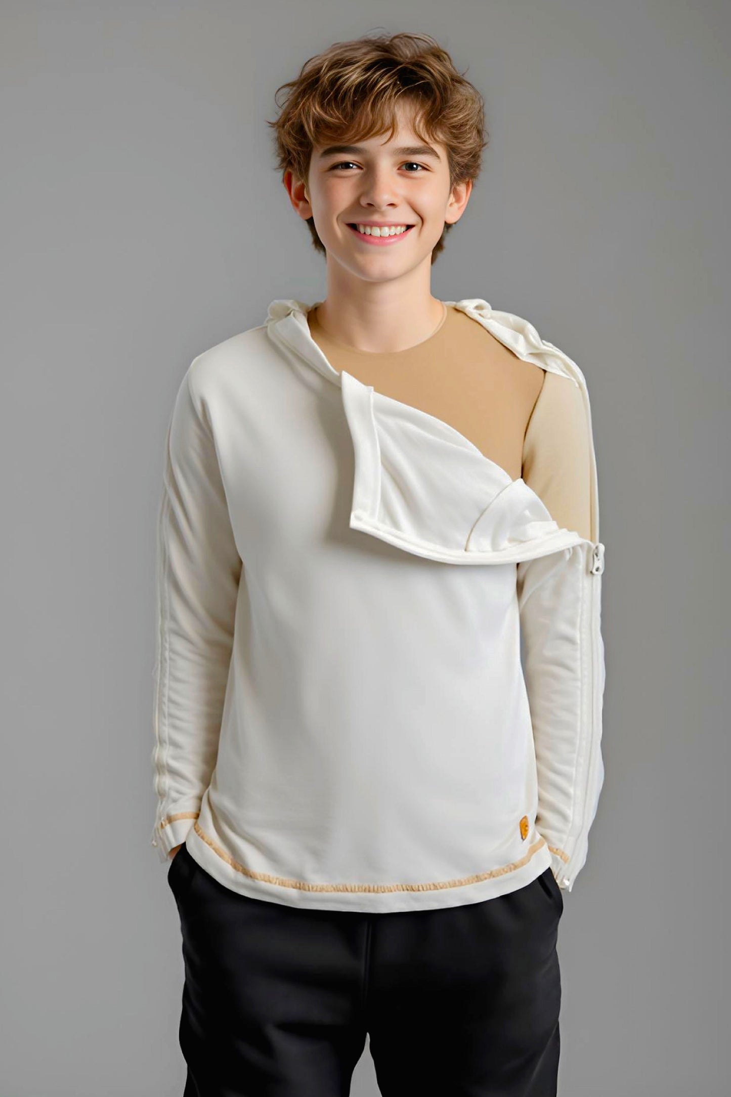 Adaptive Kids Long Sleeve V-Neck Top: Full Shoulder Zipper for Easy Undressing