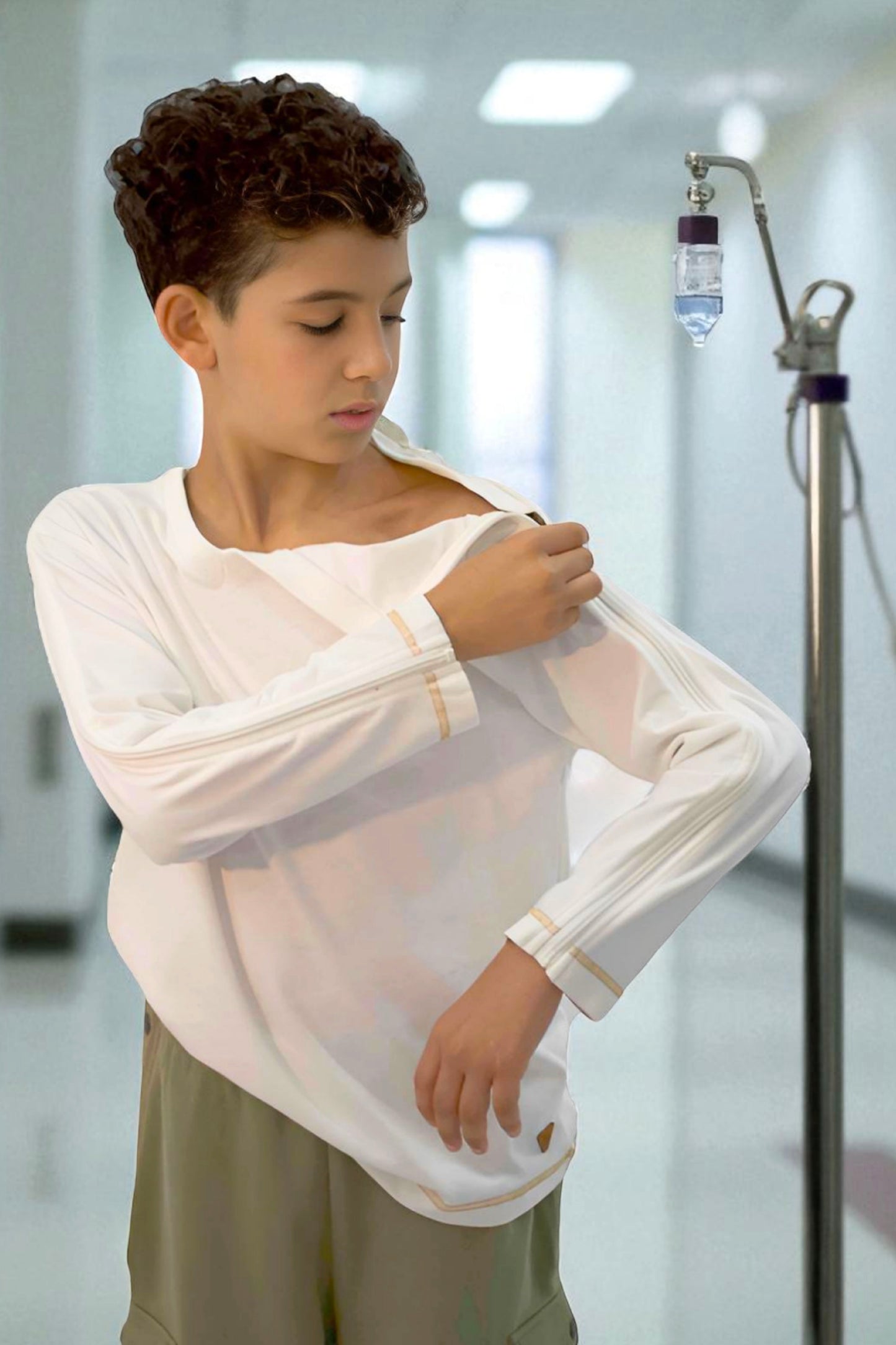 Adaptive Kids Long Sleeve V-Neck Top: Full Shoulder Zipper for Easy Undressing