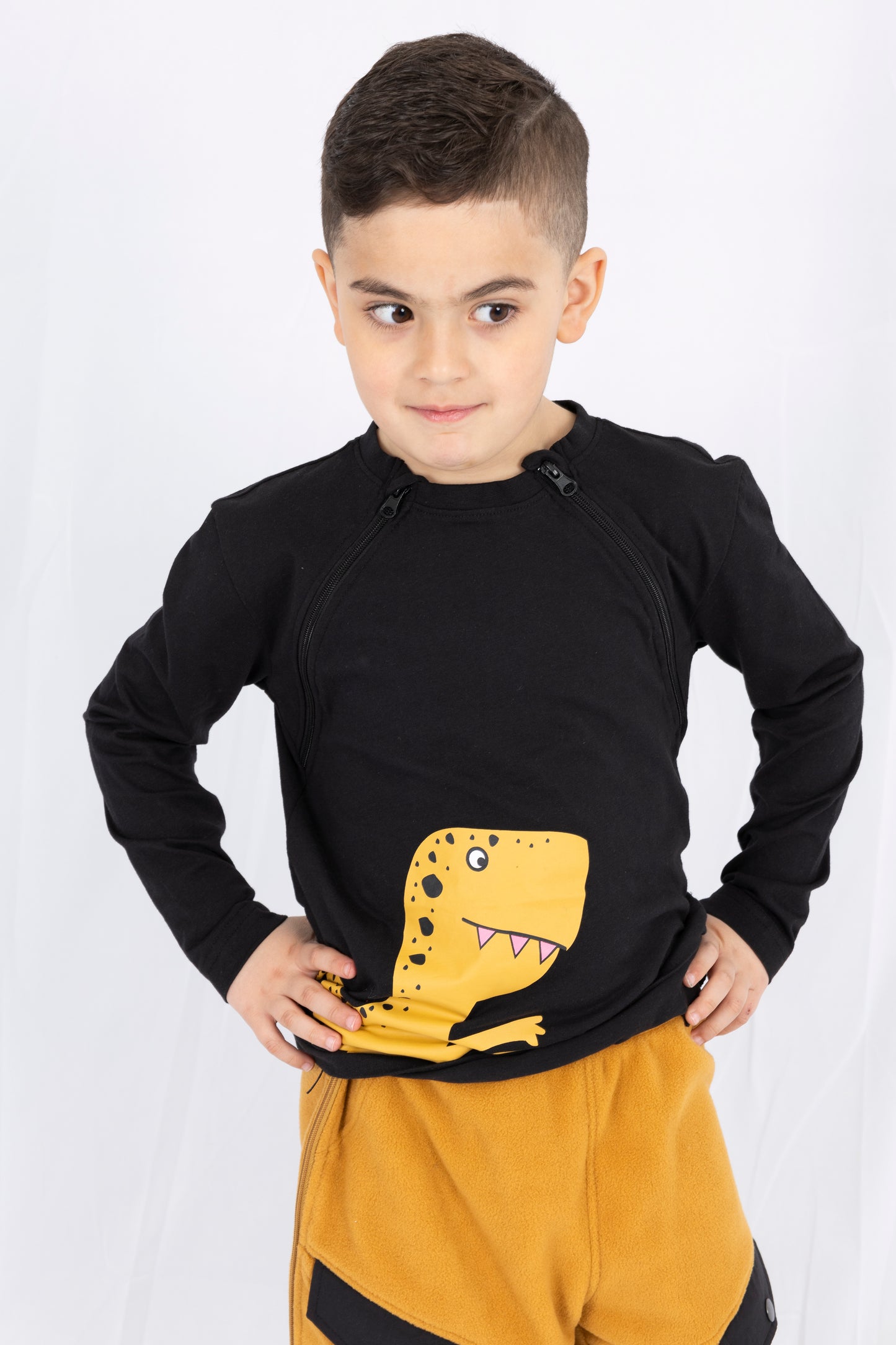 Adaptive Clothing: Dragon Print Kids’ Top with Two Front Neck Zippers