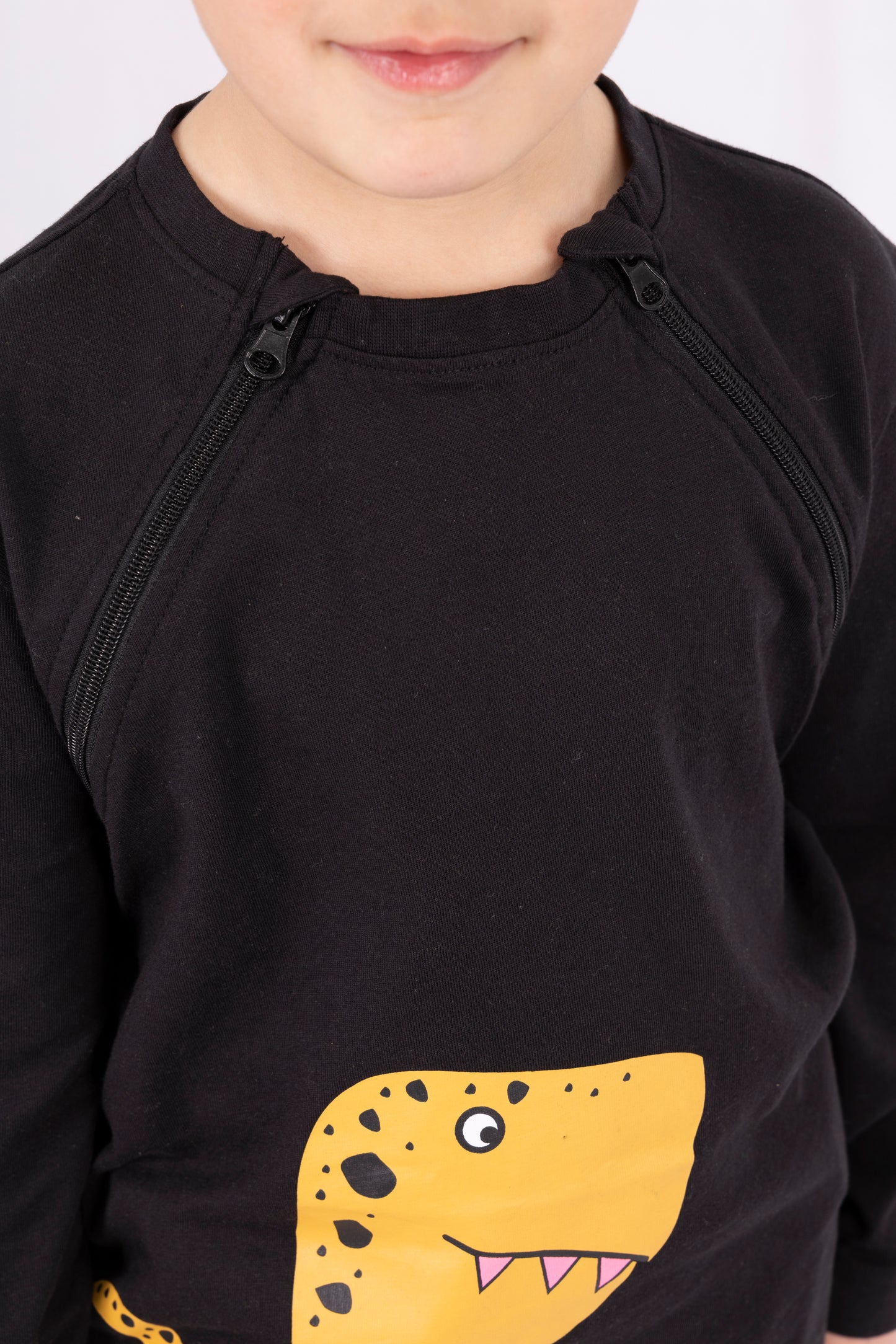 Adaptive Clothing: Dragon Print Kids’ Top with Two Front Neck Zippers