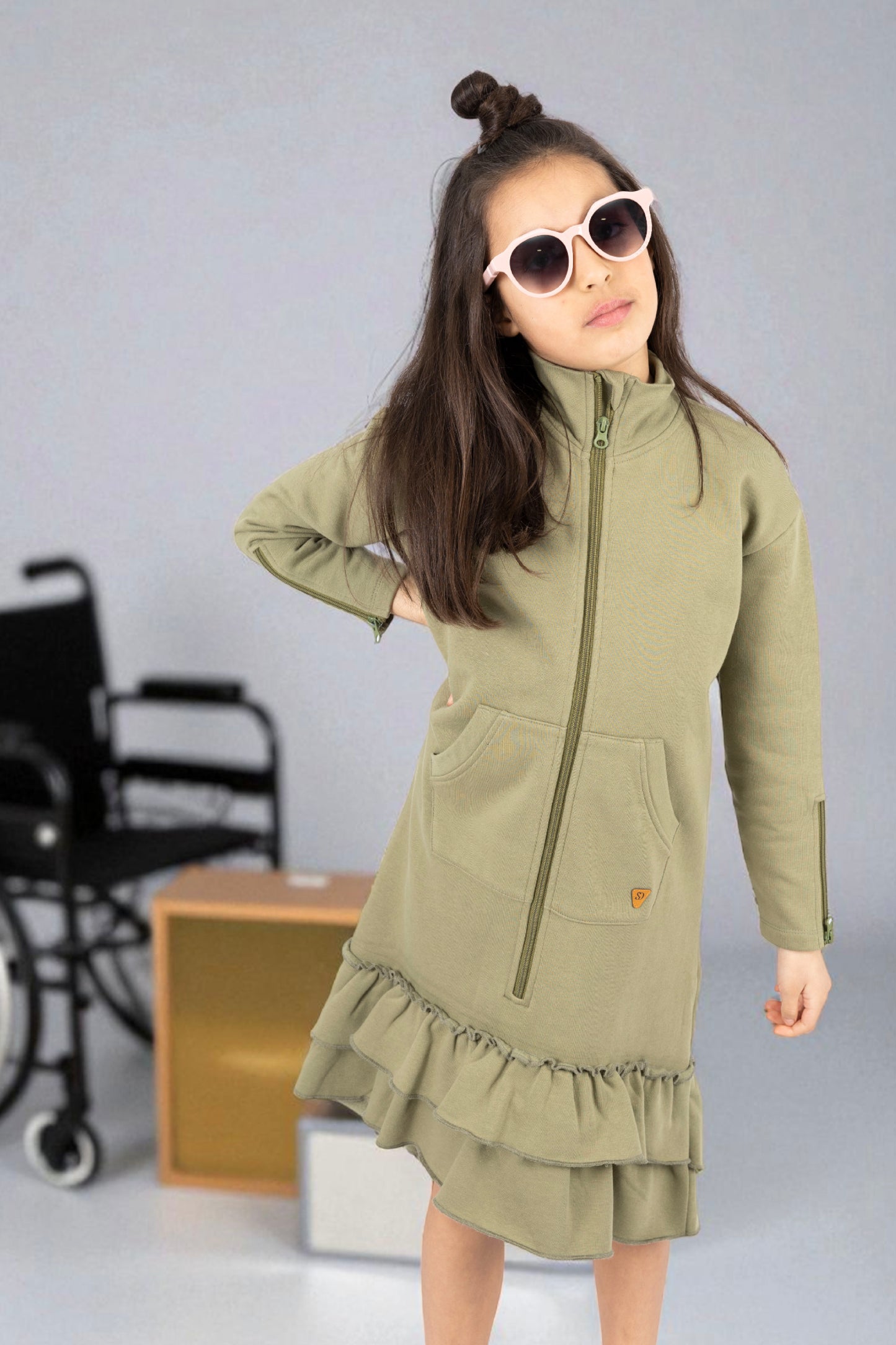 Kids Adaptive Dolman Sweatshirt Dress with Zipper & Cargo Pocket