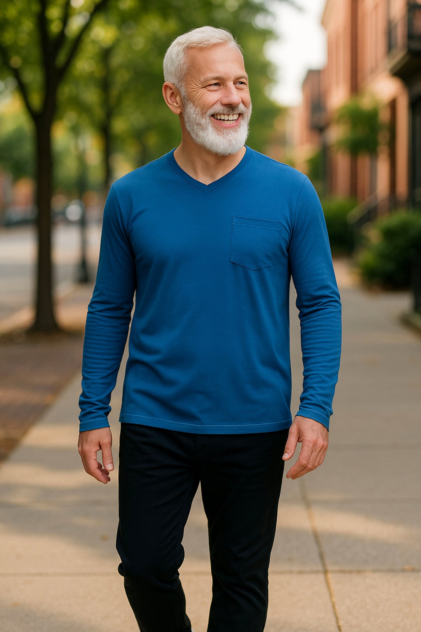 Men’s Adaptive Clothing Long Sleeve Soft Style Cotton V Neck Top with a Full Zipper at Shoulder Opens Completely for Easy Undressing