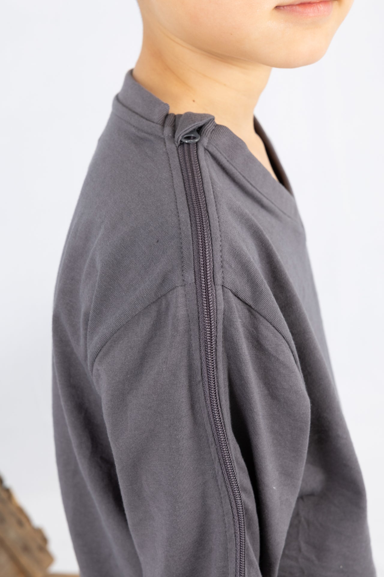 Adaptive Kids Long Sleeve V-Neck Top: Full Shoulder Zipper for Easy Undressing