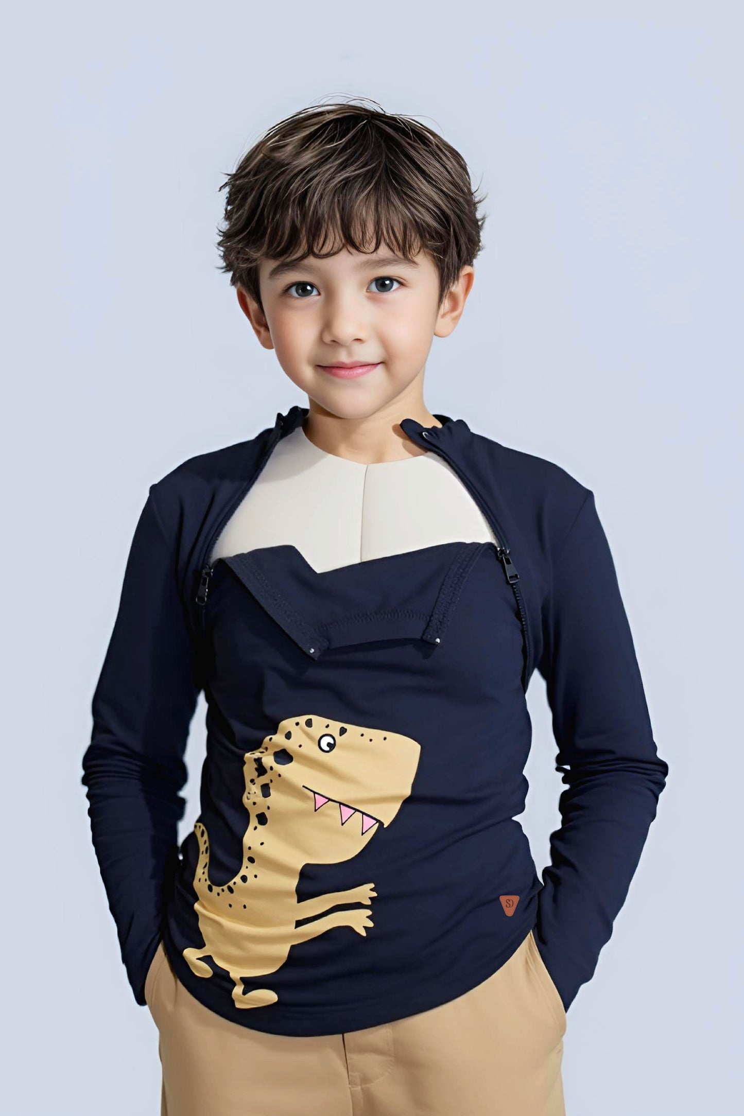 Adaptive Clothing: Dragon Print Kids’ Top with Two Front Neck Zippers