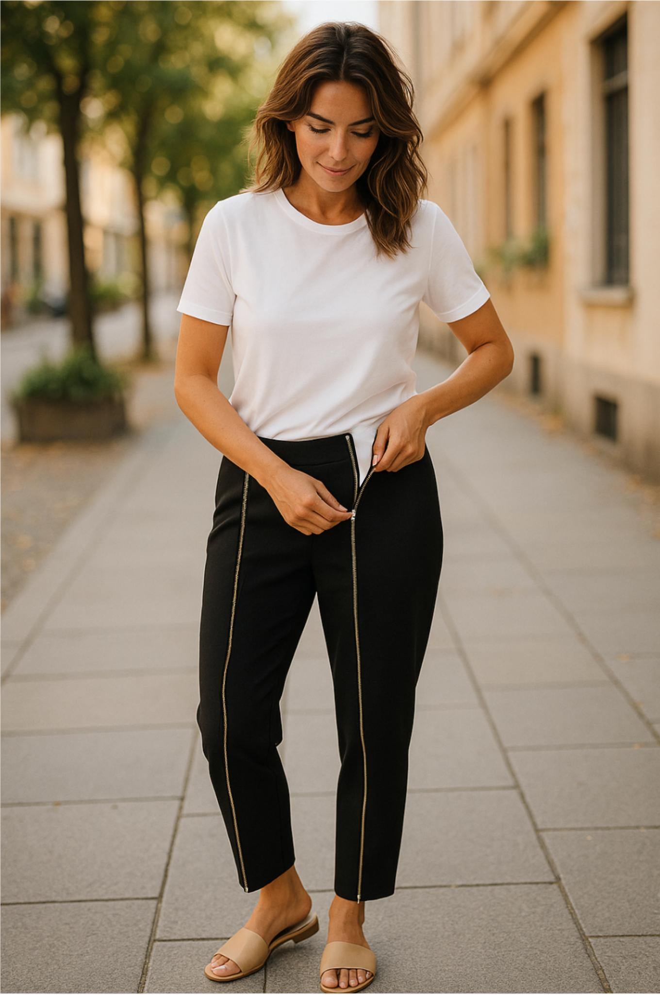 Women's Adaptive Clothing: Stretch Trousers Pant, Waist Elastic, and a Front Full Leg Zip for Easy Undressing