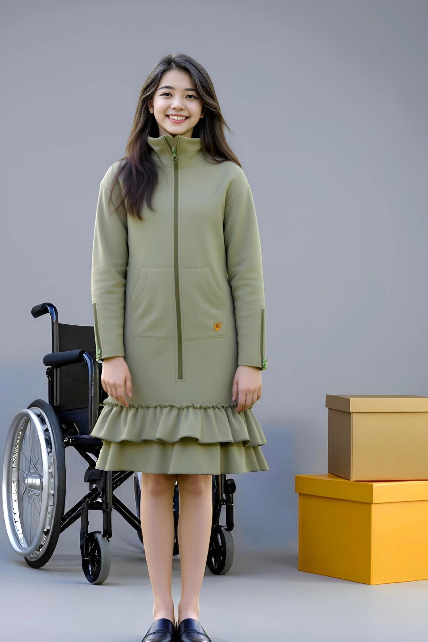 Kids Adaptive Dolman Sweatshirt Dress with Zipper & Cargo Pocket