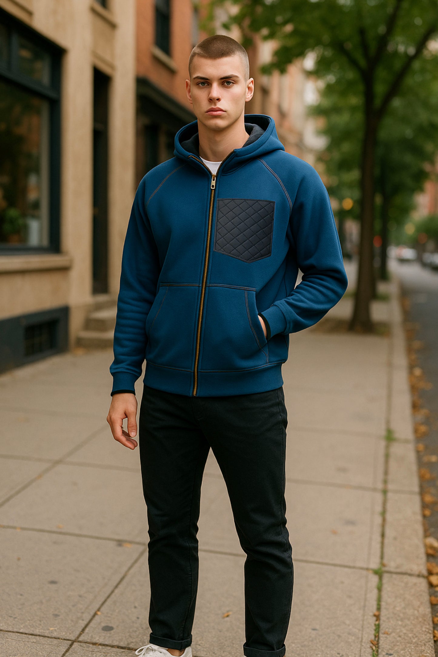 Men’s Adaptive Clothing Hooded Polar Fabric Jacket, Magnetic Zipper, Cargo Pocket, and Chest Pocket with Passing Medical Tubes Easy Undressing
