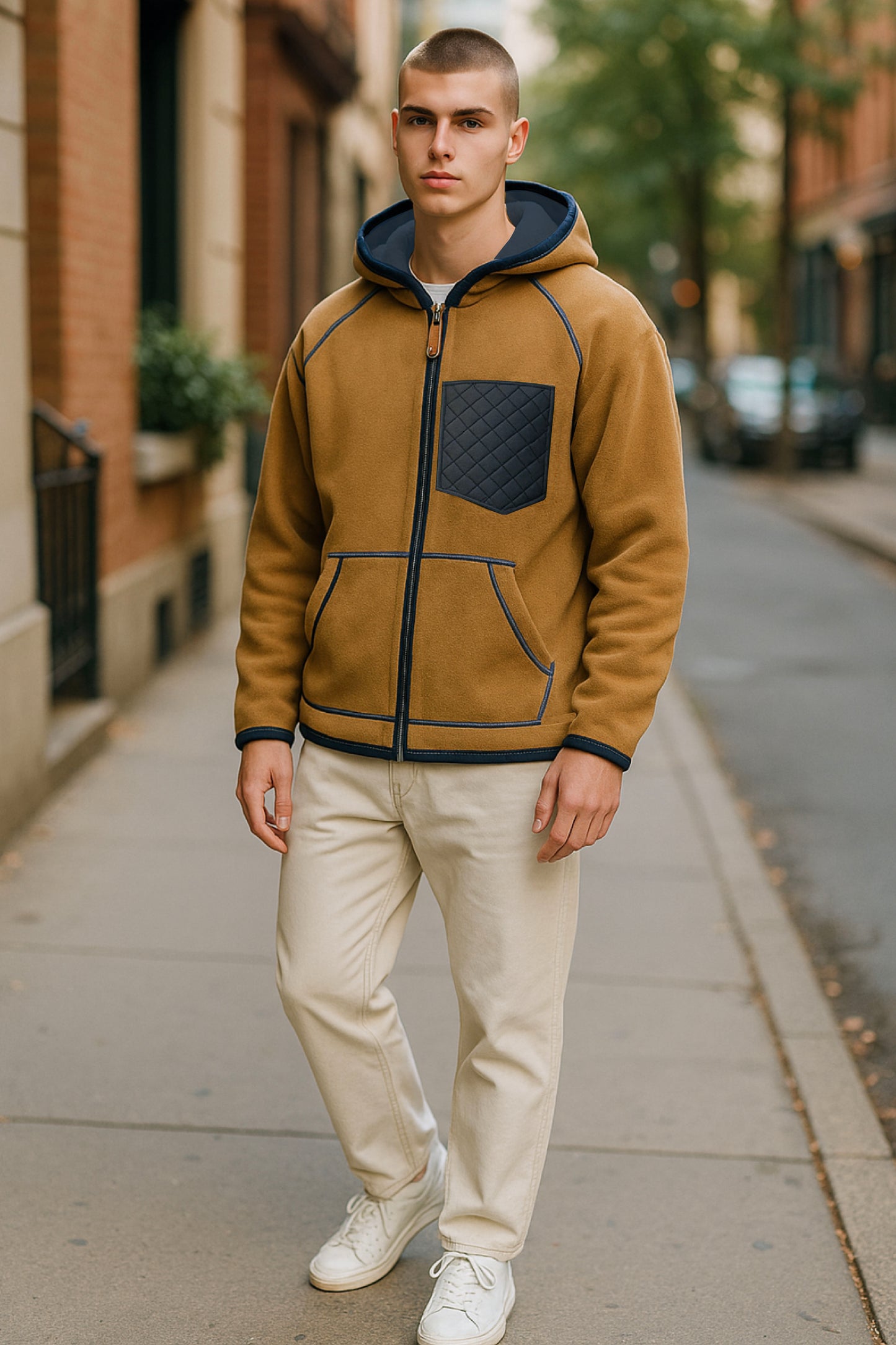 Men’s Adaptive Clothing Hooded Polar Fabric Jacket, Magnetic Zipper, Cargo Pocket, and Chest Pocket with Passing Medical Tubes Easy Undressing