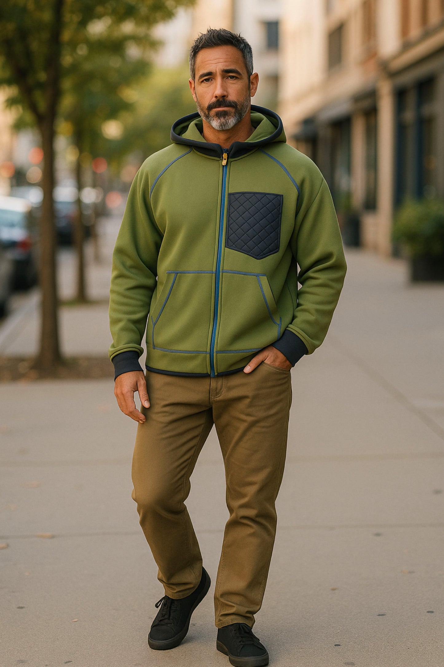 Men’s Adaptive Clothing Hooded Polar Fabric Jacket, Magnetic Zipper, Cargo Pocket, and Chest Pocket with Passing Medical Tubes Easy Undressing