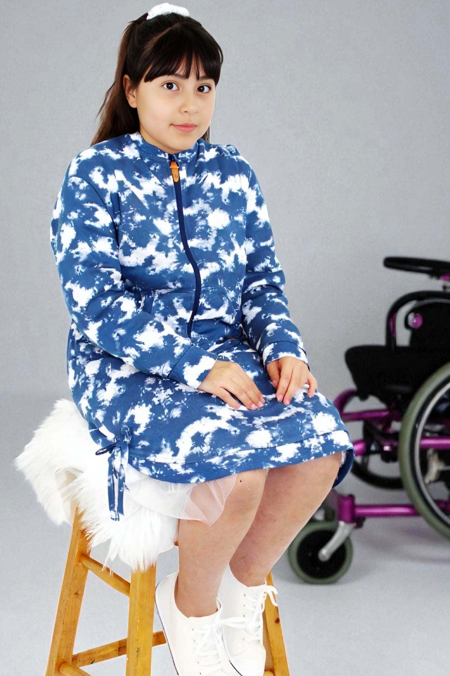Adaptive Kids Tie-Dye Sweatshirt Dress, Front Zipper and Easy-Undressing Sleeves