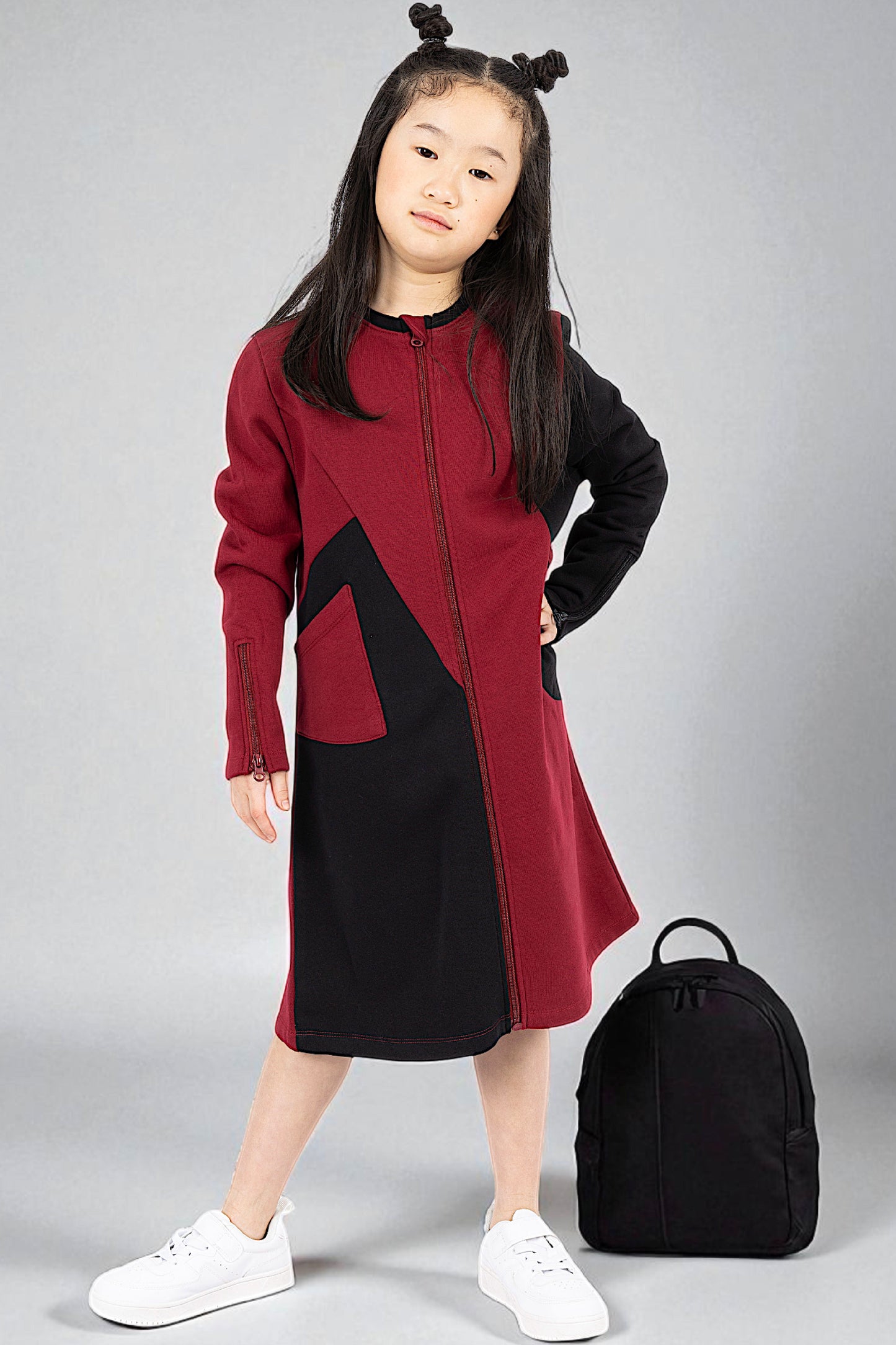 Adaptive Kids Crow Neck Dress with Cargo Pocket & Full Front Zipper for Easy Undressing