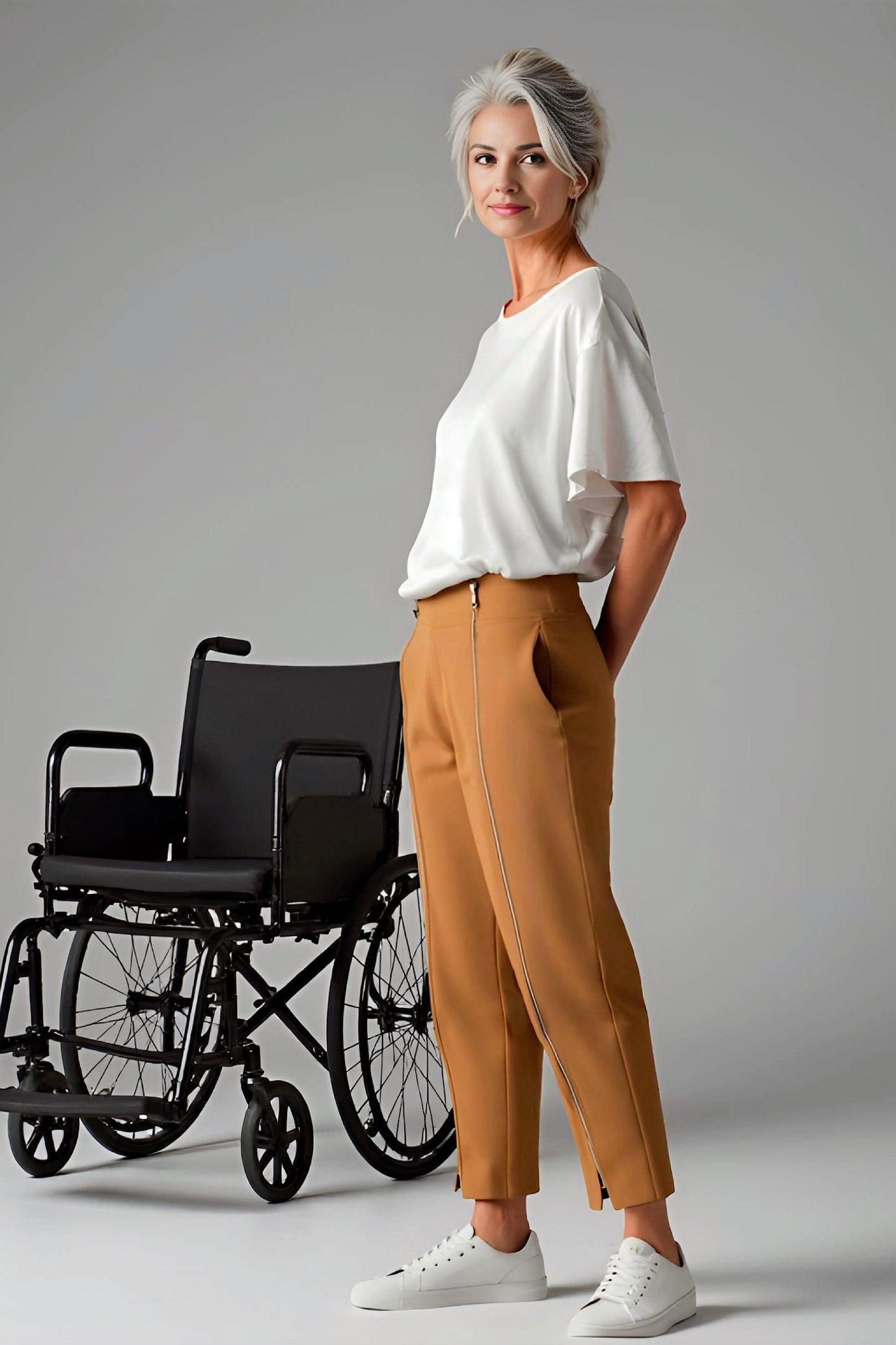 Women's Adaptive Clothing: Stretch Trousers Pant, Waist Elastic, and a Front Full Leg Zip for Easy Undressing