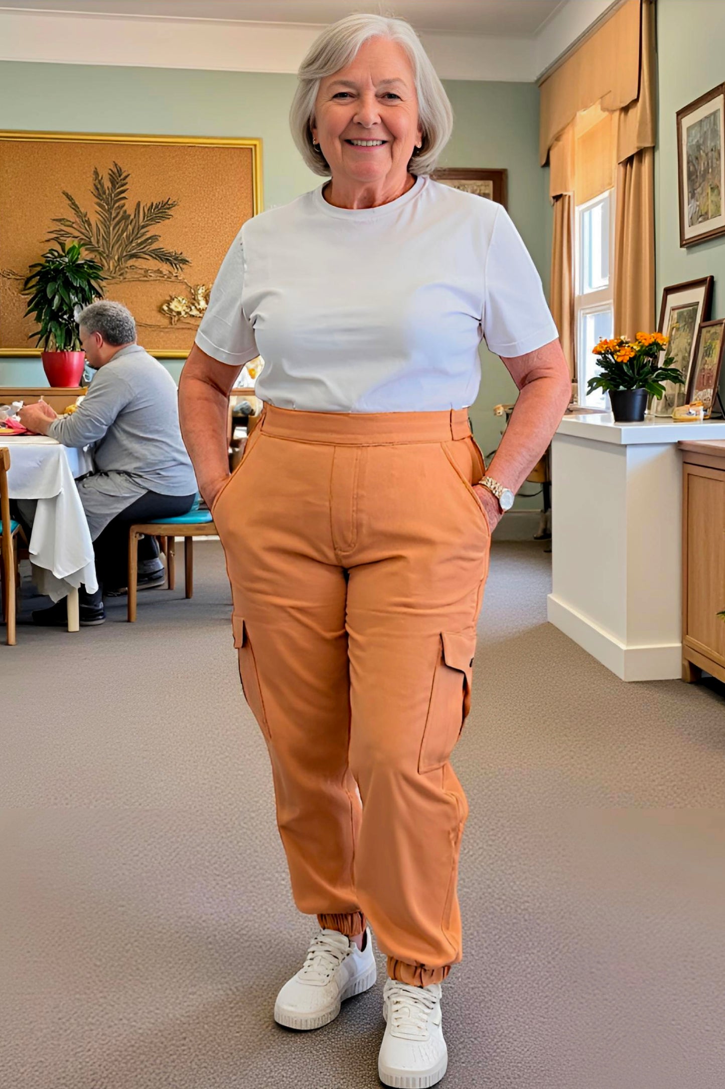 Women's Adaptive Clothing: Stretch Classic Cargo Pocket Pant, Elastic Waistband, Zipper Each Side for Easy Dressing