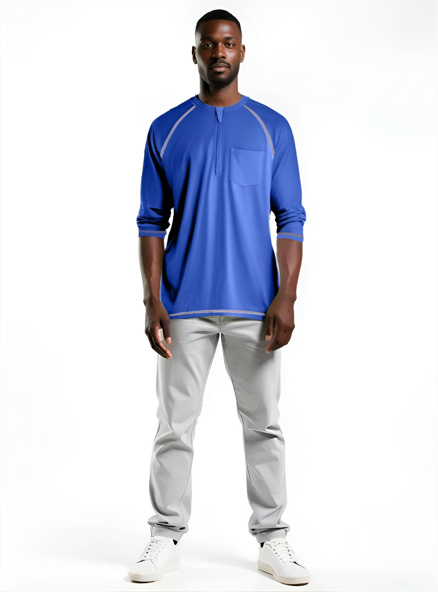 Men’s Adaptive Clothing Long Ragland Sleeve Soft Style Cotton Crow Neck Top, Half Zipper Front, Ragland Sleeve Zipper Easy Undressing