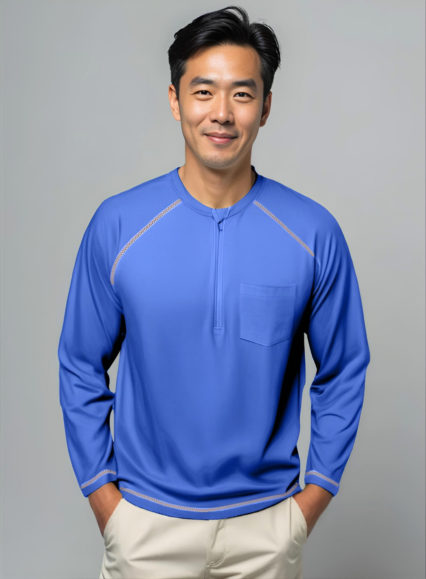Men’s Adaptive Clothing Long Ragland Sleeve Soft Style Cotton Crow Neck Top, Half Zipper Front, Ragland Sleeve Zipper Easy Undressing