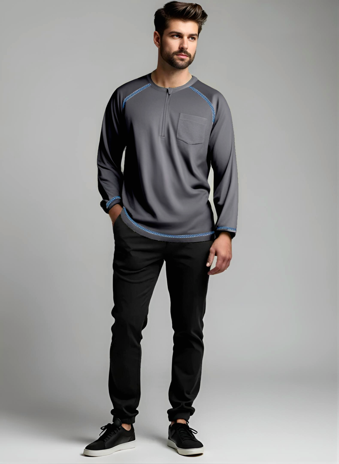 Men’s Adaptive Clothing Long Ragland Sleeve Soft Style Cotton Crow Neck Top, Half Zipper Front, Ragland Sleeve Zipper Easy Undressing