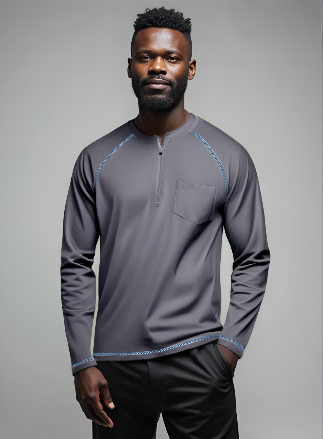 Men’s Adaptive Clothing Long Ragland Sleeve Soft Style Cotton Crow Neck Top, Half Zipper Front, Ragland Sleeve Zipper Easy Undressing