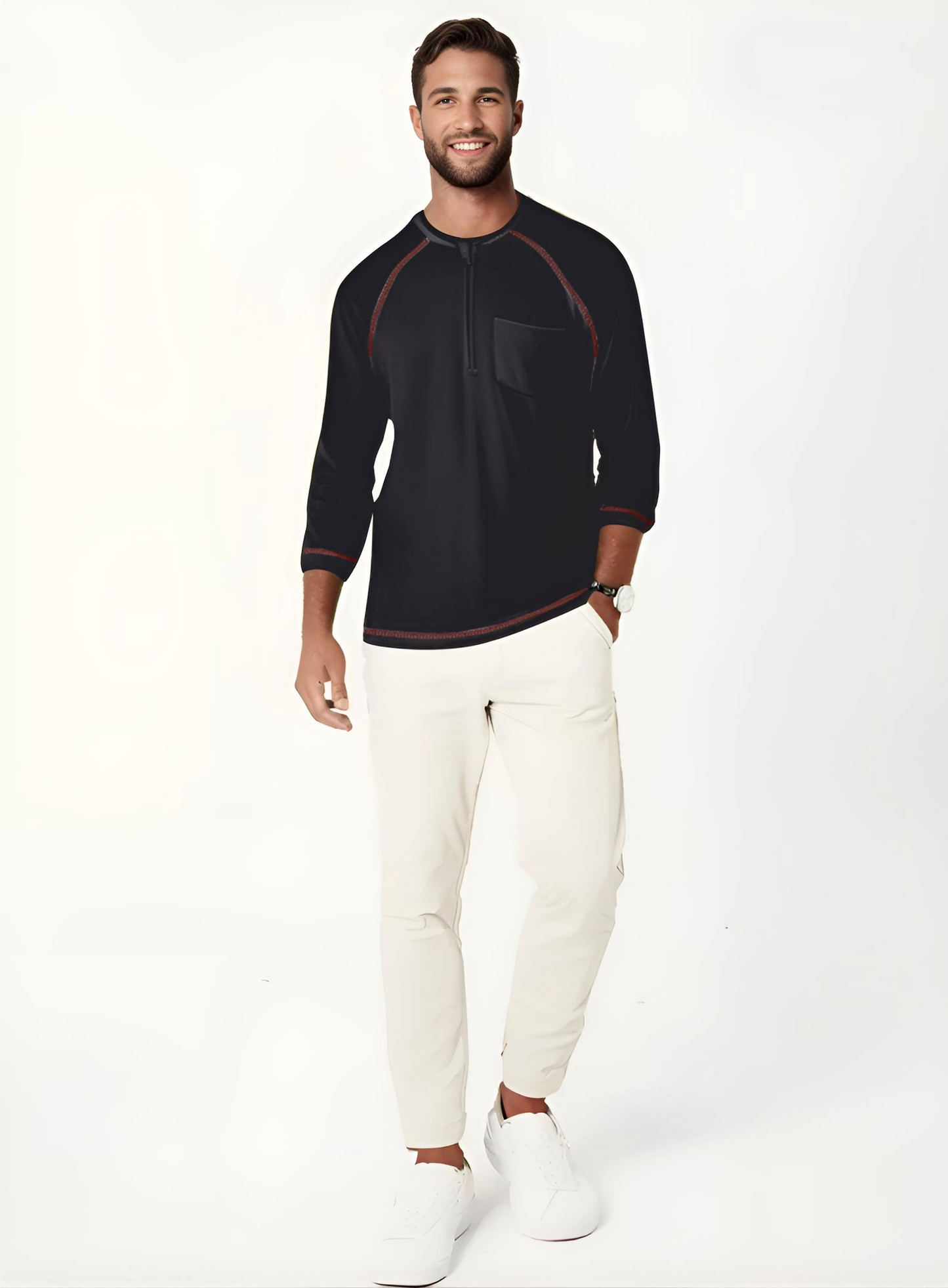 Men’s Adaptive Clothing Long Ragland Sleeve Soft Style Cotton Crow Neck Top, Half Zipper Front, Ragland Sleeve Zipper Easy Undressing