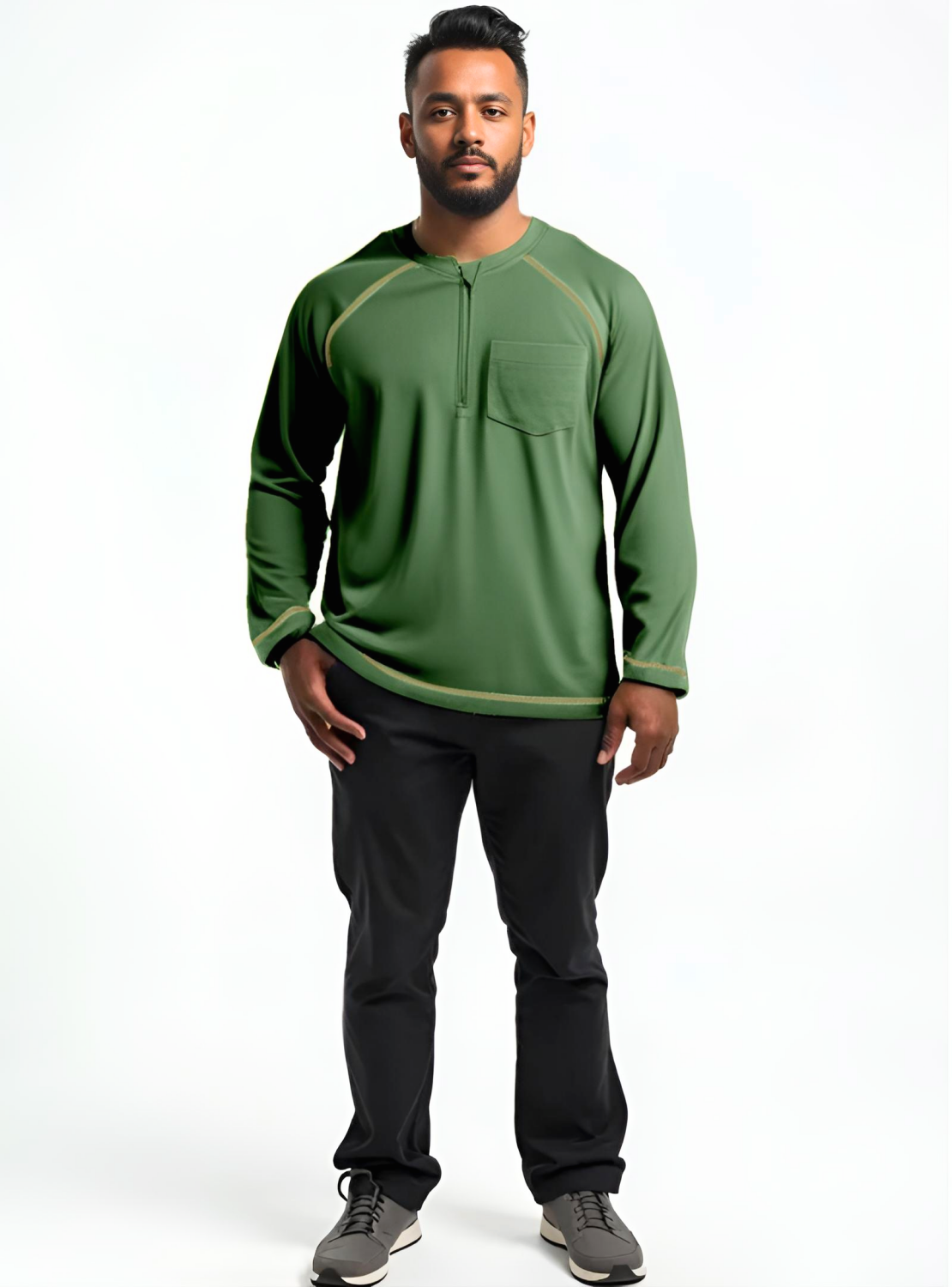 Men’s Adaptive Clothing Long Ragland Sleeve Soft Style Cotton Crow Neck Top, Half Zipper Front, Ragland Sleeve Zipper Easy Undressing