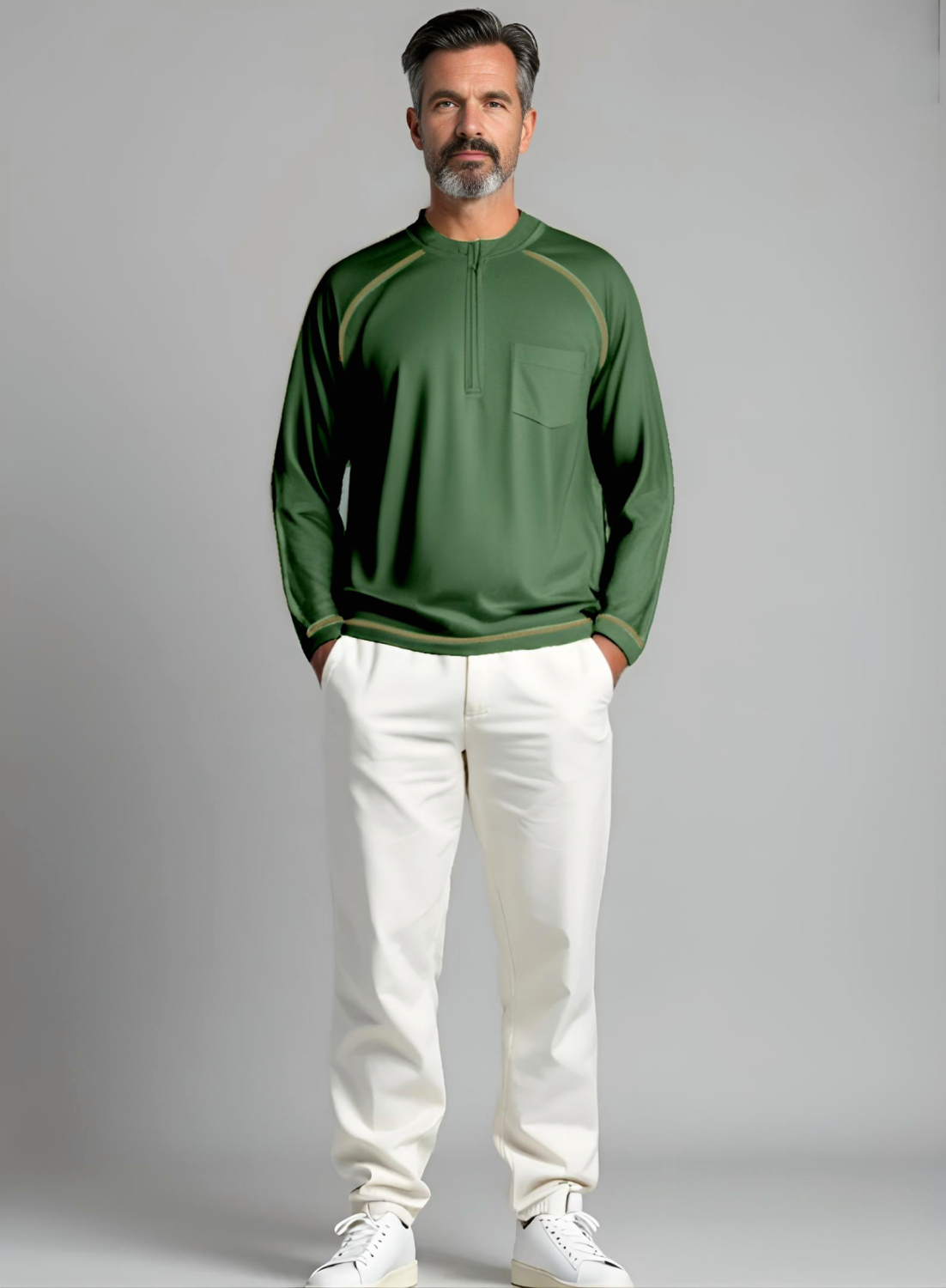 Men’s Adaptive Clothing Long Ragland Sleeve Soft Style Cotton Crow Neck Top, Half Zipper Front, Ragland Sleeve Zipper Easy Undressing