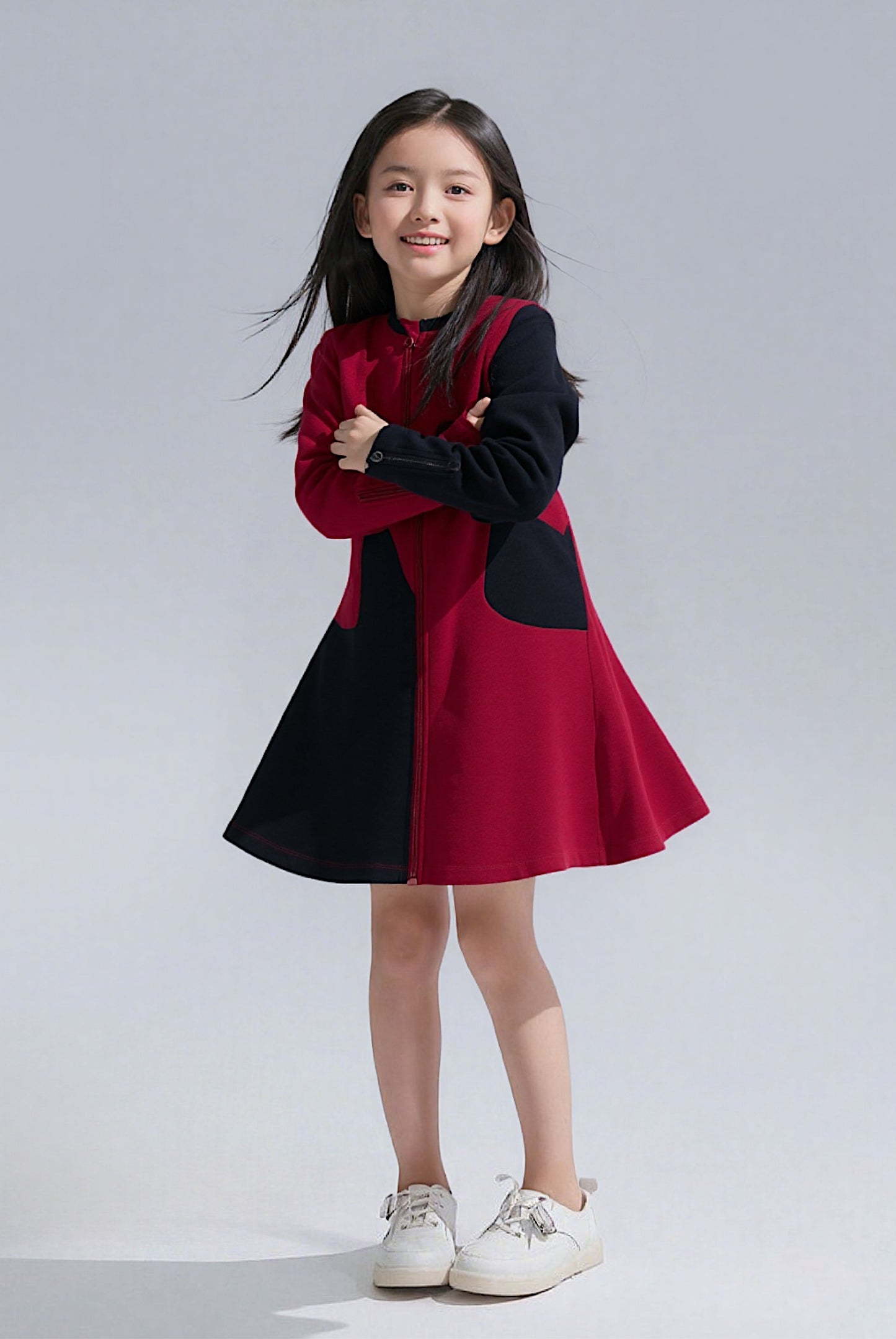 Adaptive Kids Crow Neck Dress with Cargo Pocket & Full Front Zipper for Easy Undressing