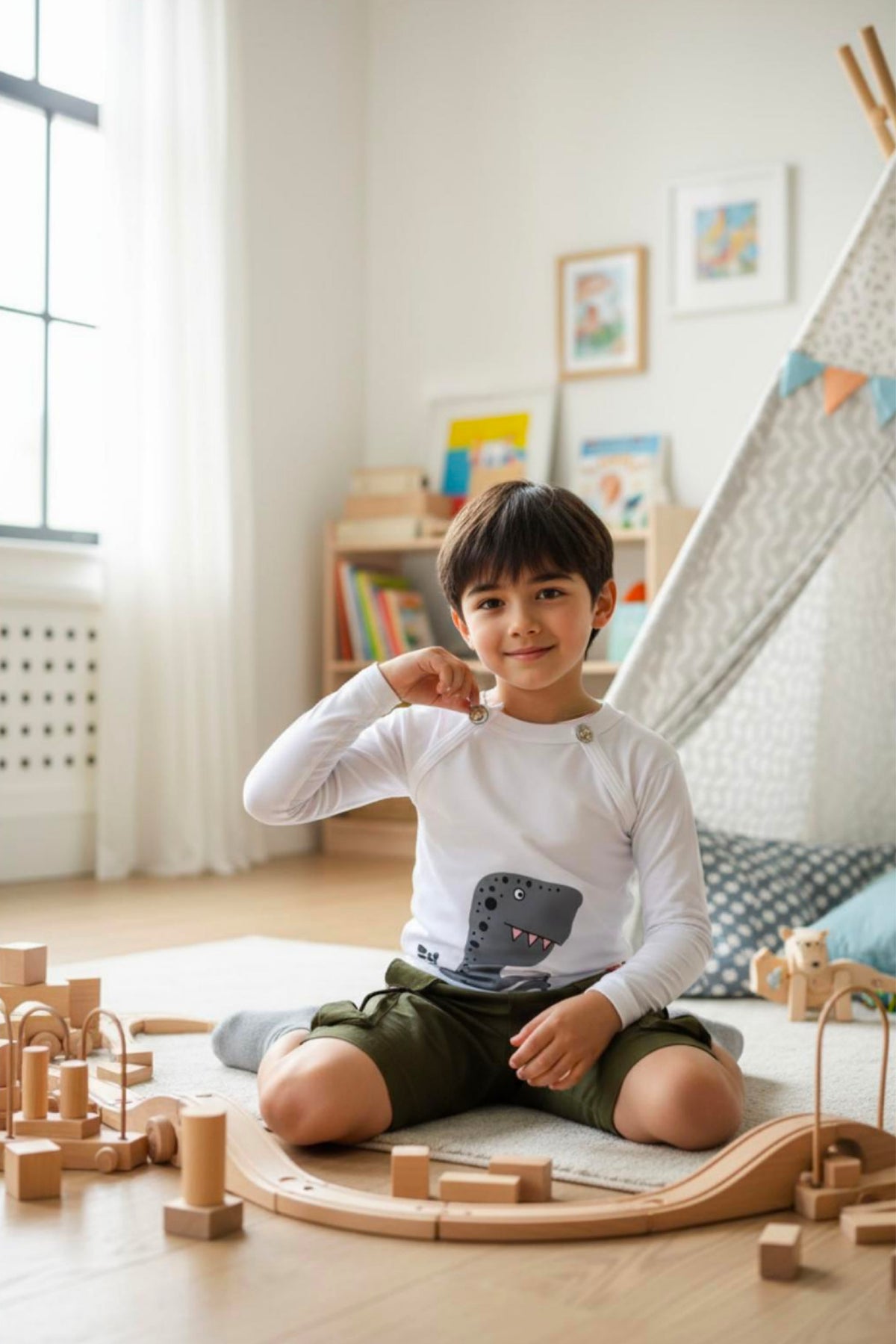 Adaptive Clothing: Dragon Print Kids’ Top with Two Front Neck Zippers