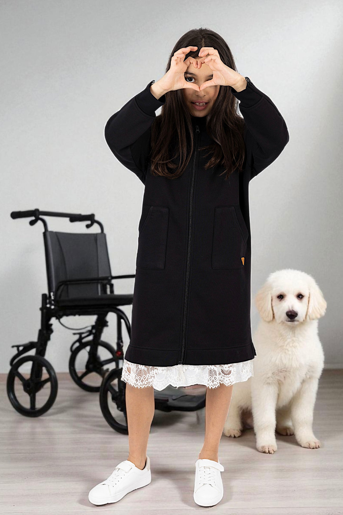 Adaptive Kids Sweatshirt Dress with Full Front Zipper and Easy-Undressing Sleeves