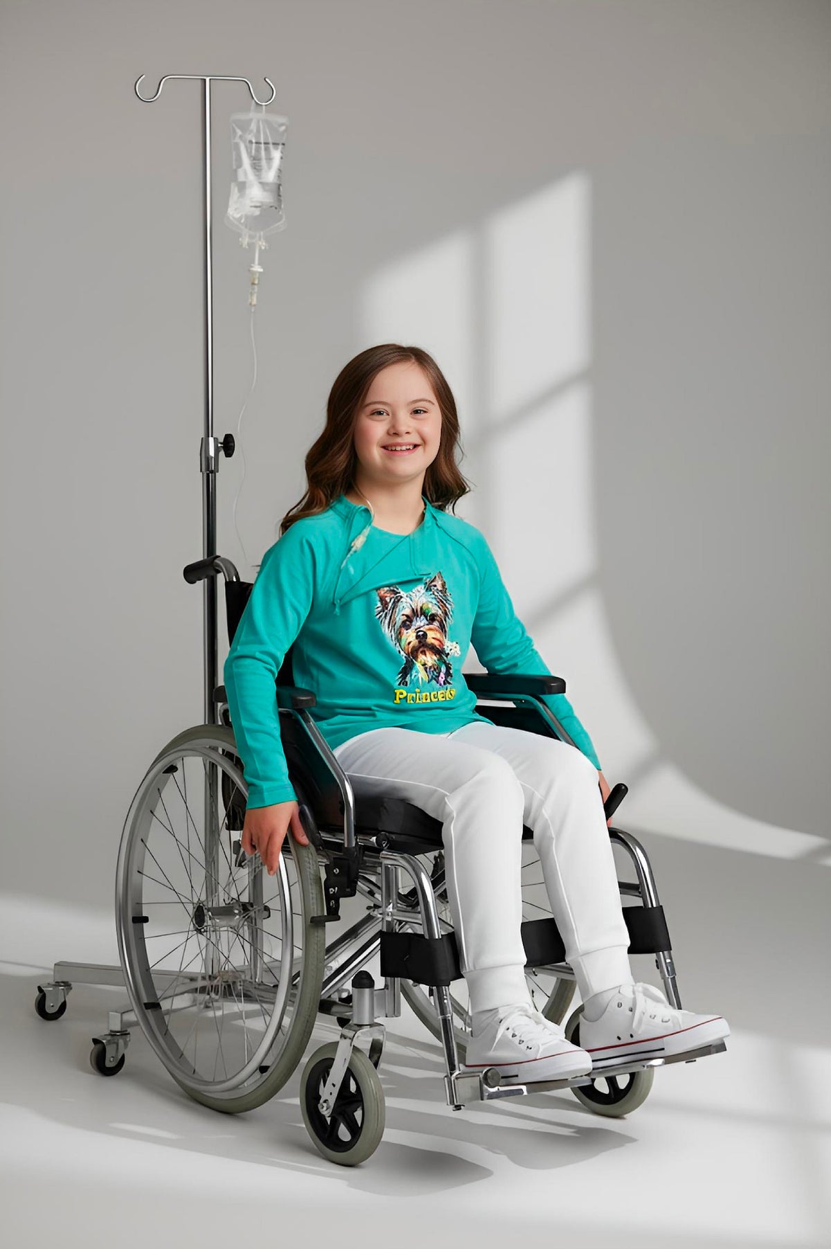 Girl's Adaptive Clothing: Princess Dog Print Raglan Sleeve Top with Cowl Neck and Medical Access Zippers