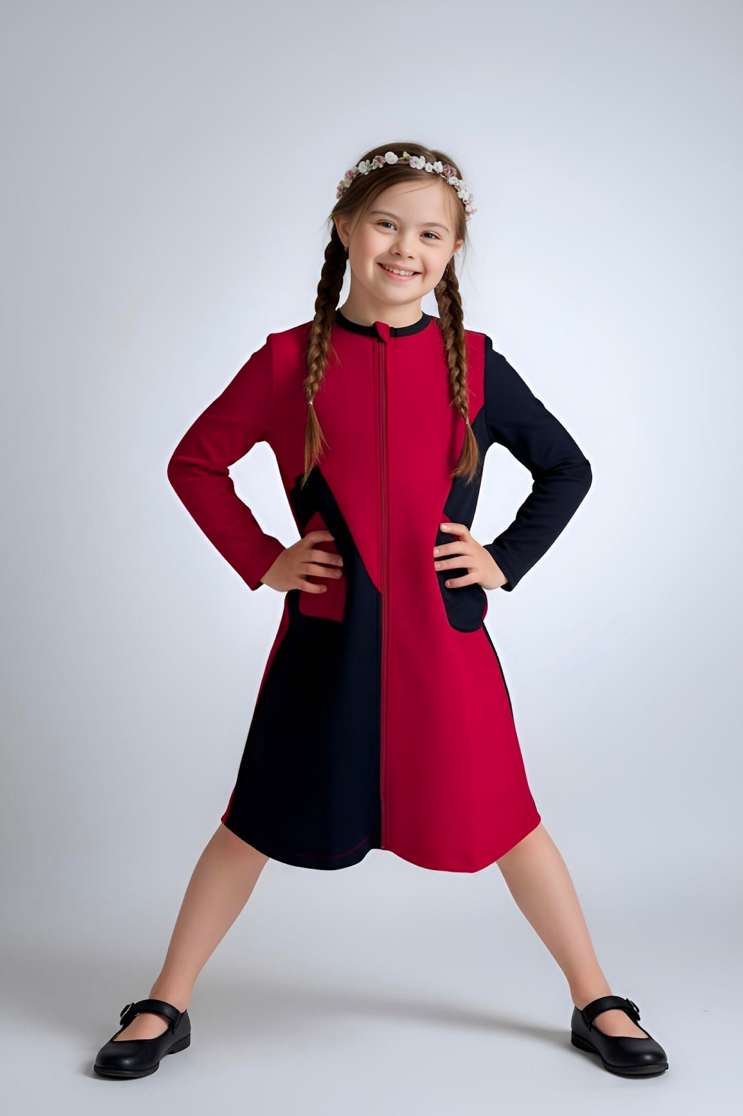 Adaptive Kids Crow Neck Dress with Cargo Pocket & Full Front Zipper for Easy Undressing