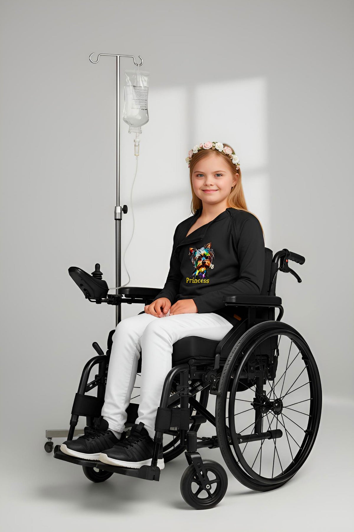 Girl's Adaptive Clothing: Princess Dog Print Raglan Sleeve Top with Cowl Neck and Medical Access Zippers