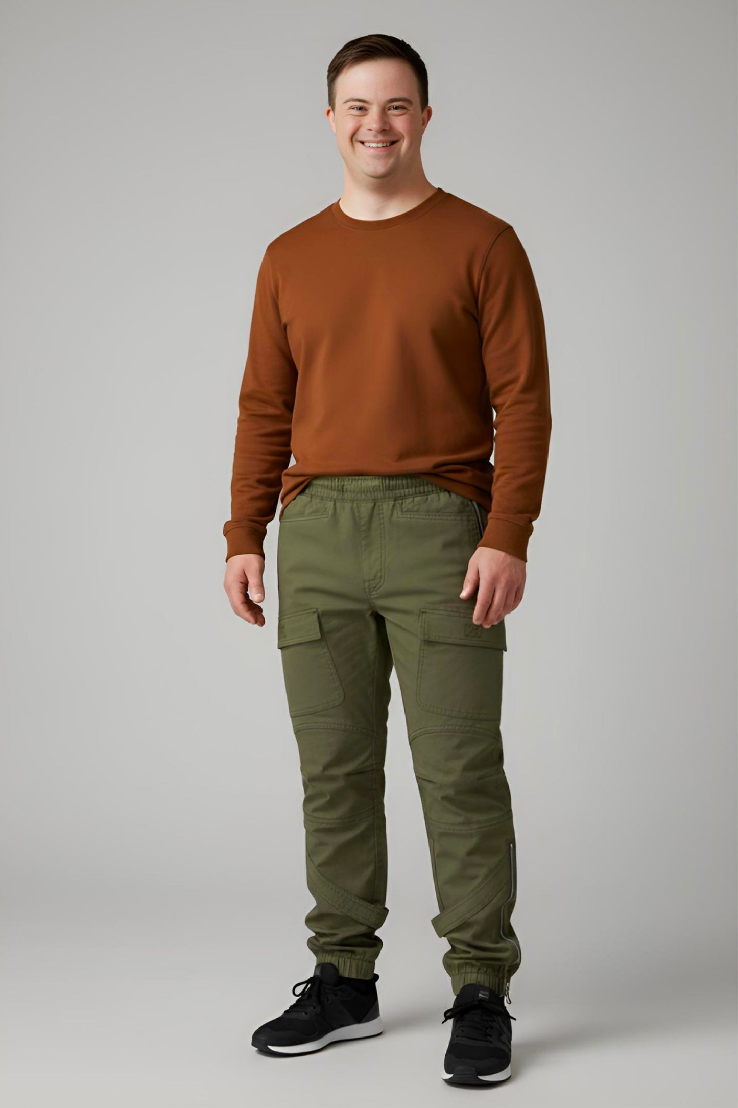 Men's Adaptive Clothing Woven Jogger Pants, Full Waistband Ribbed with Elastic and a Strip, Easy Zipper, Both at the Top and Bottom
