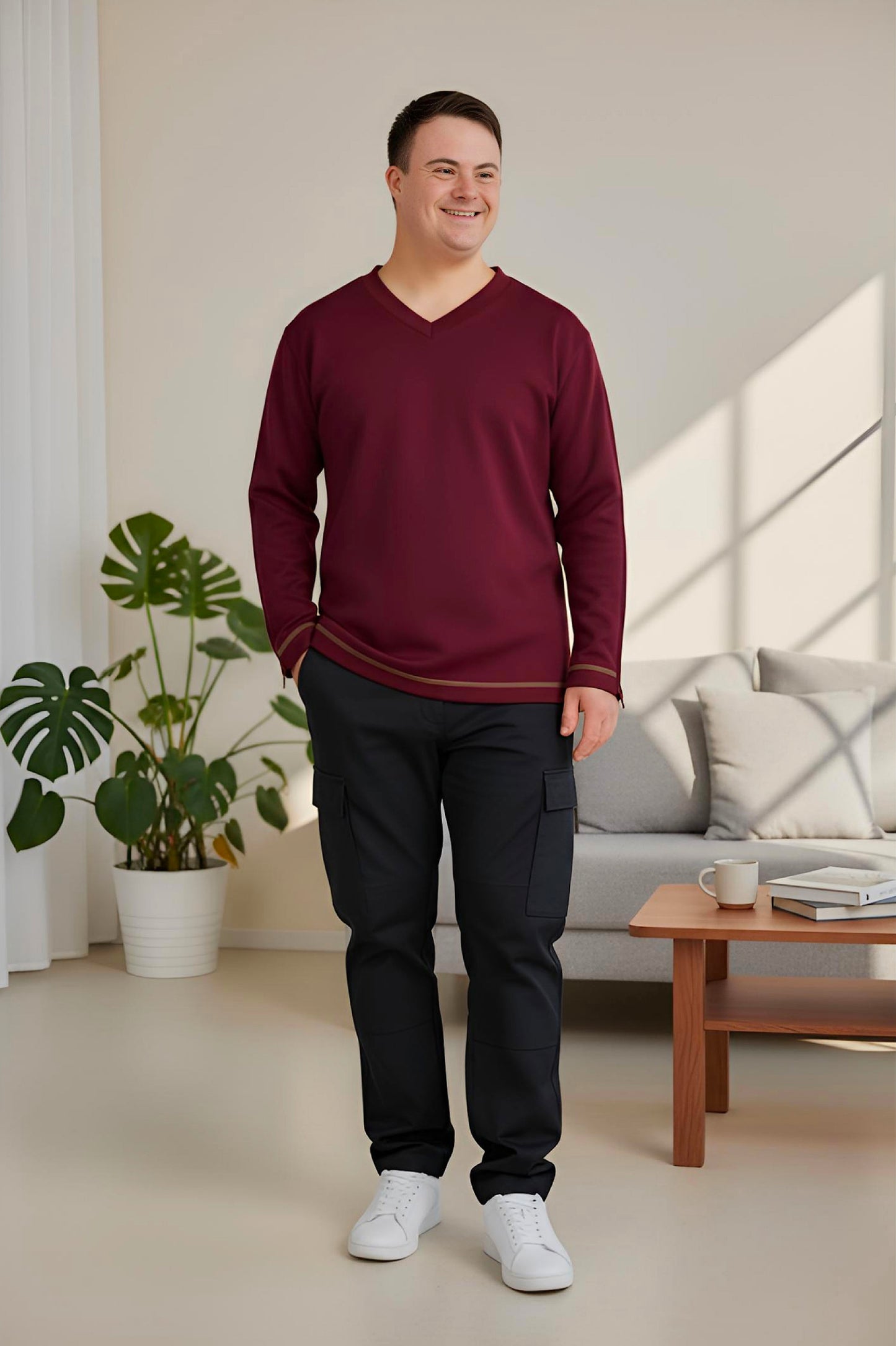 Men’s Adaptive Clothing Long Sleeve Soft Style Cotton V Neck Top with a Full Zipper at Shoulder Opens Completely for Easy Undressing