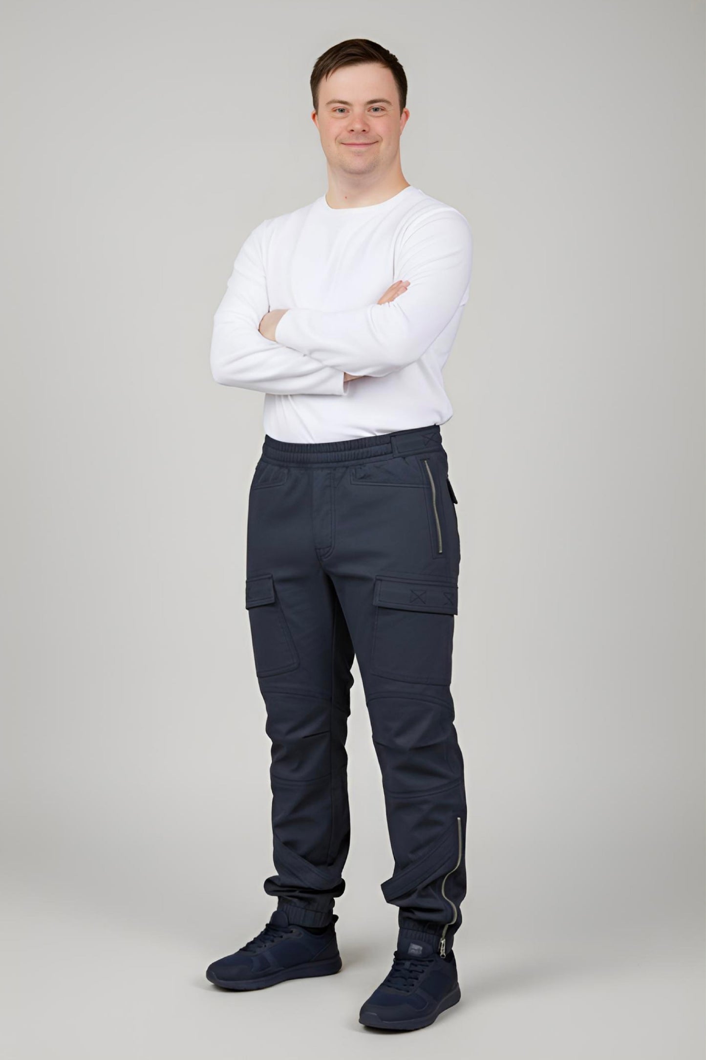 Men's Adaptive Clothing Woven Jogger Pants, Full Waistband Ribbed with Elastic and a Strip, Easy Zipper, Both at the Top and Bottom